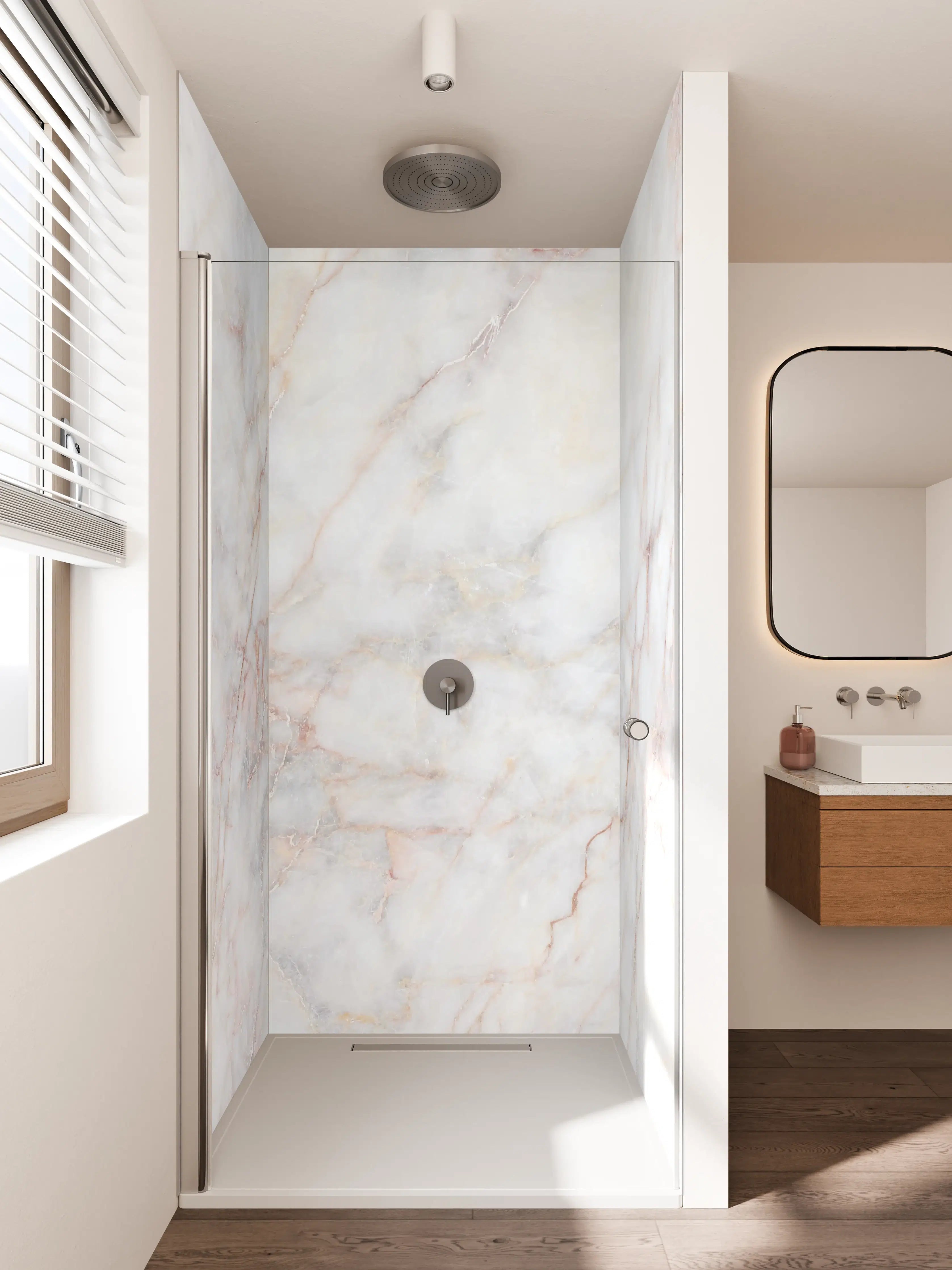 Duschrückwand - Weißer Marmor mit zarten Rosé- und Grautönen