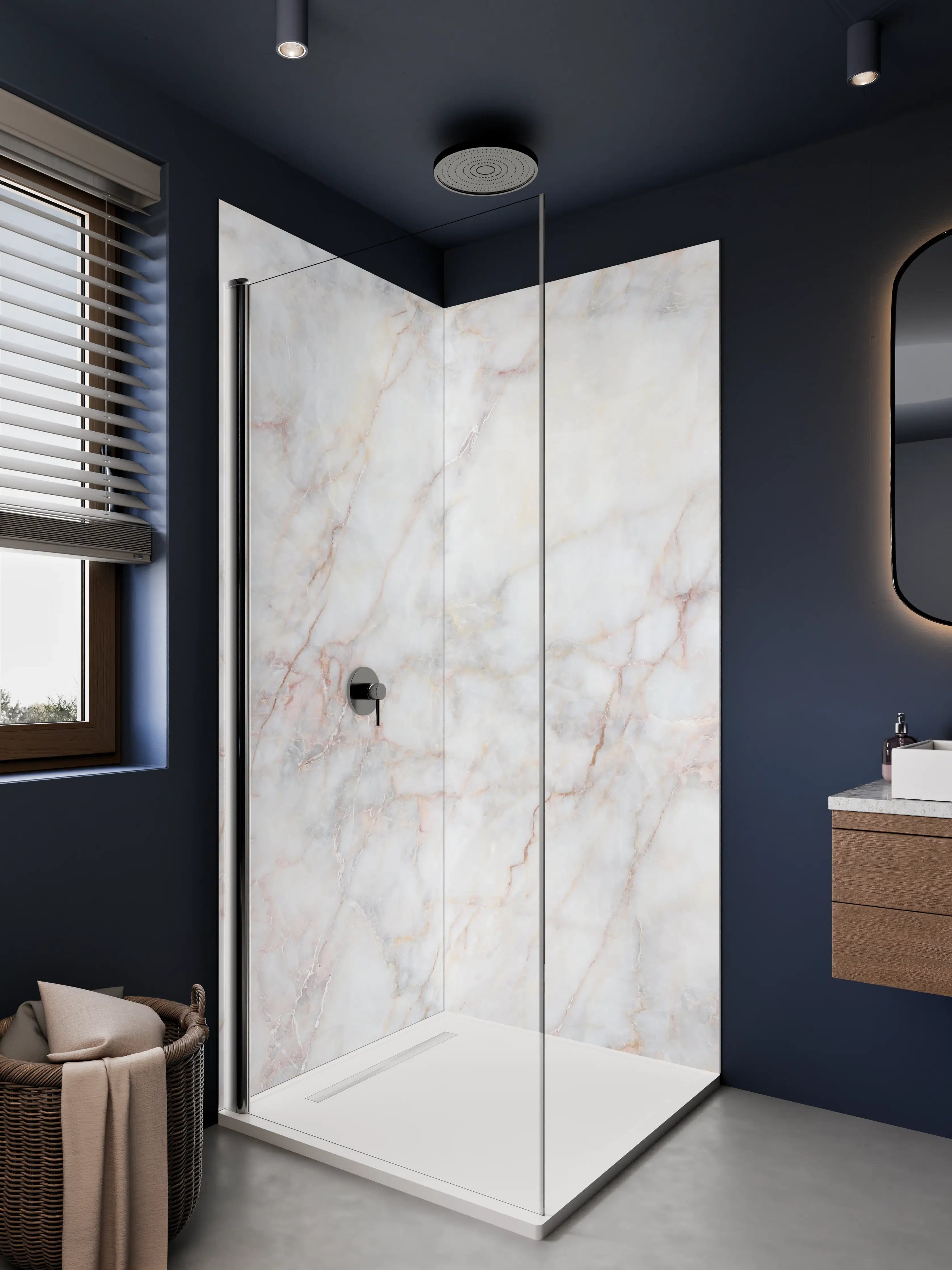 Duschrückwand - Weißer Marmor mit zarten Rosé- und Grautönen