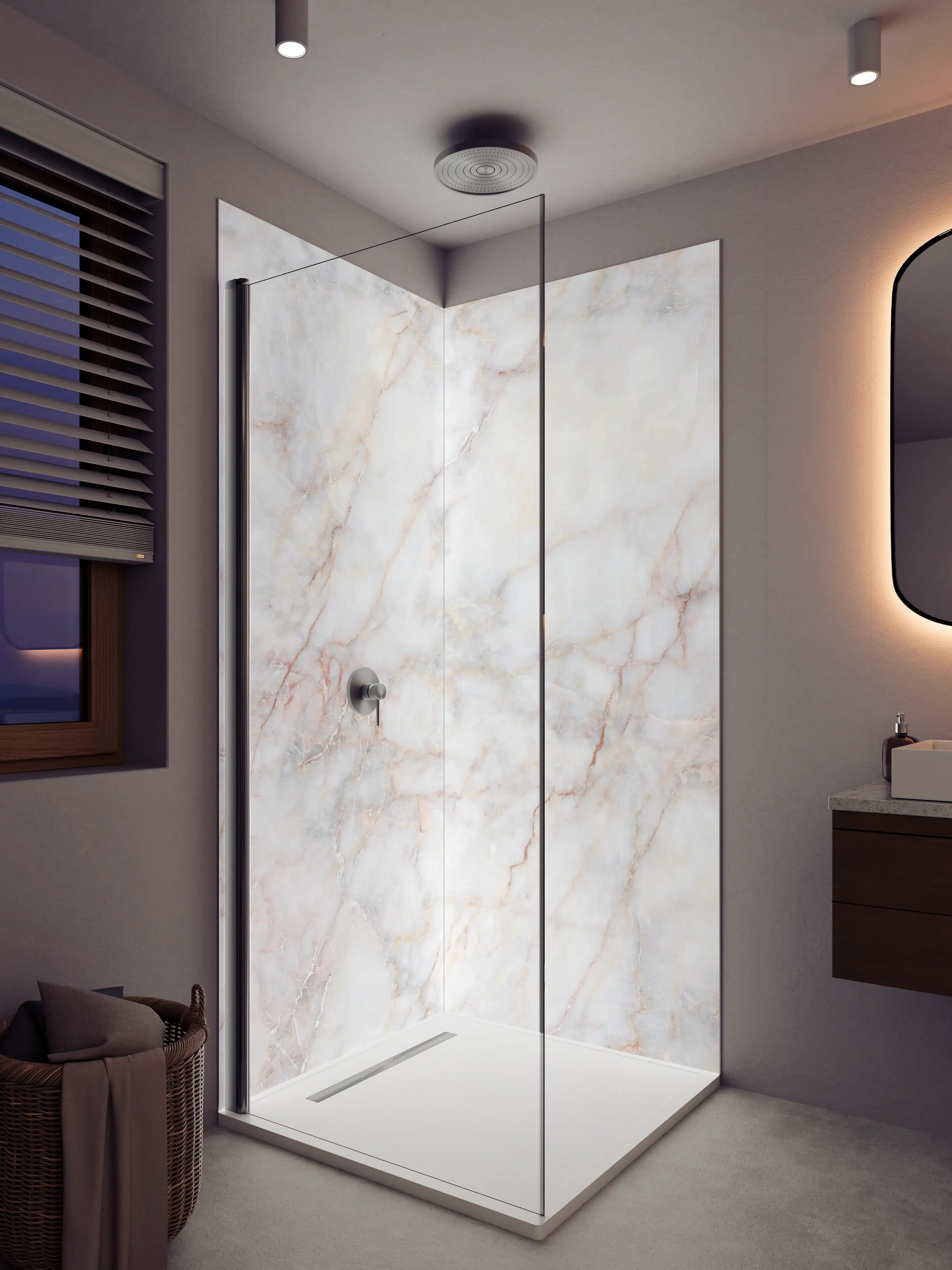 Duschrückwand - Weißer Marmor mit zarten Rosé- und Grautönen