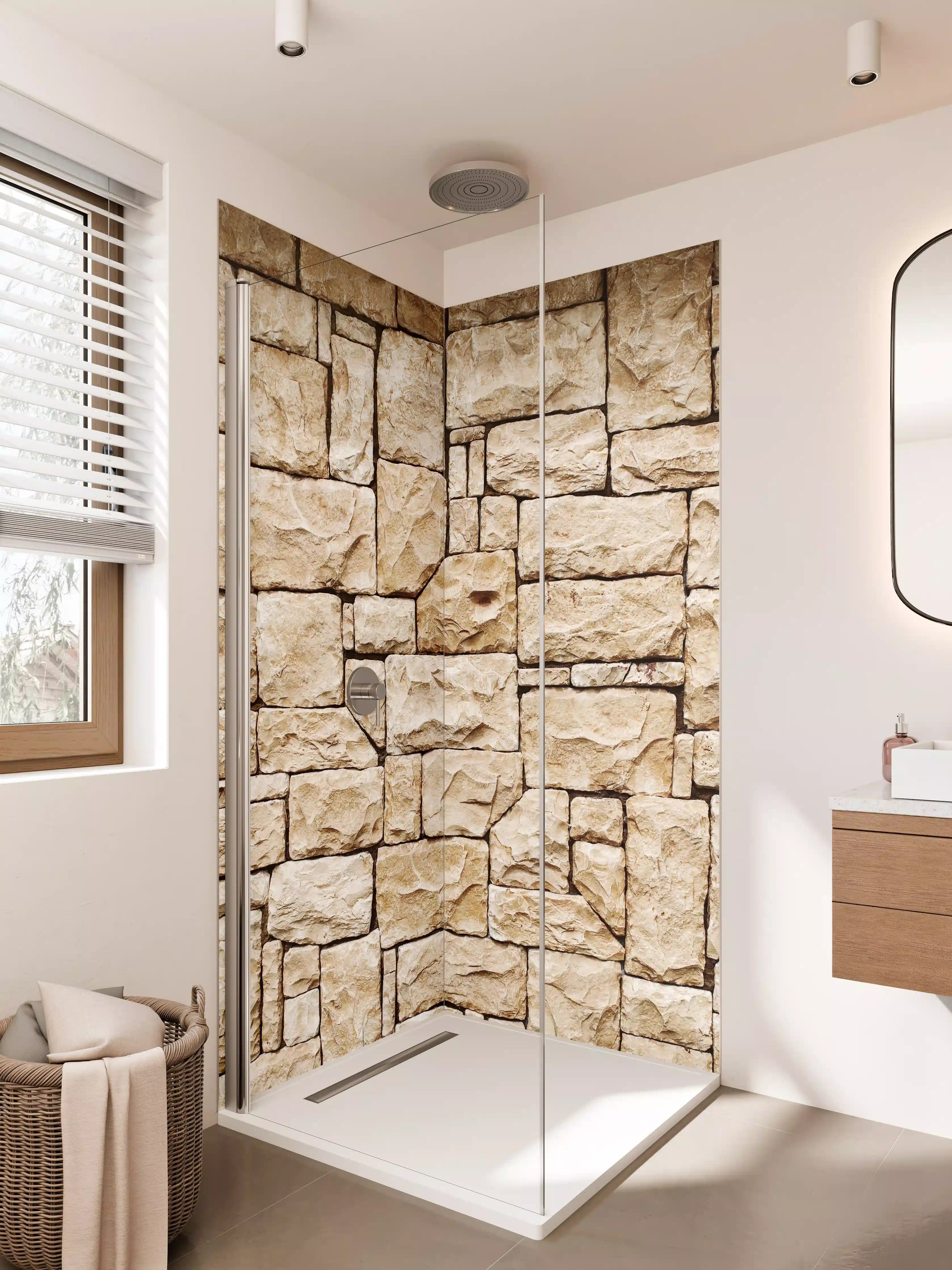 Duschrückwand - Weißer Sandstein mit warmer Textur