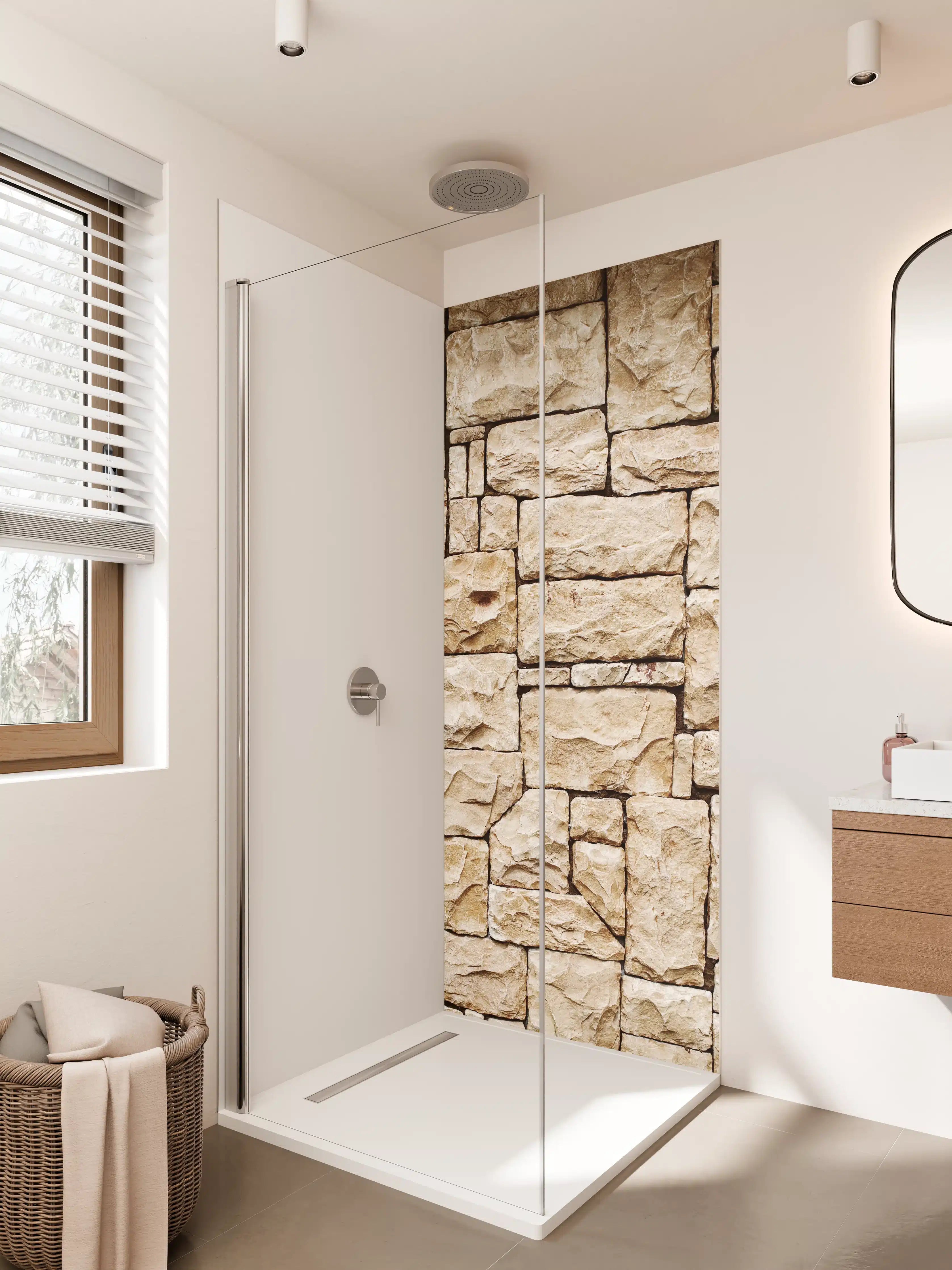 Duschrückwand - Weißer Sandstein mit warmer Textur