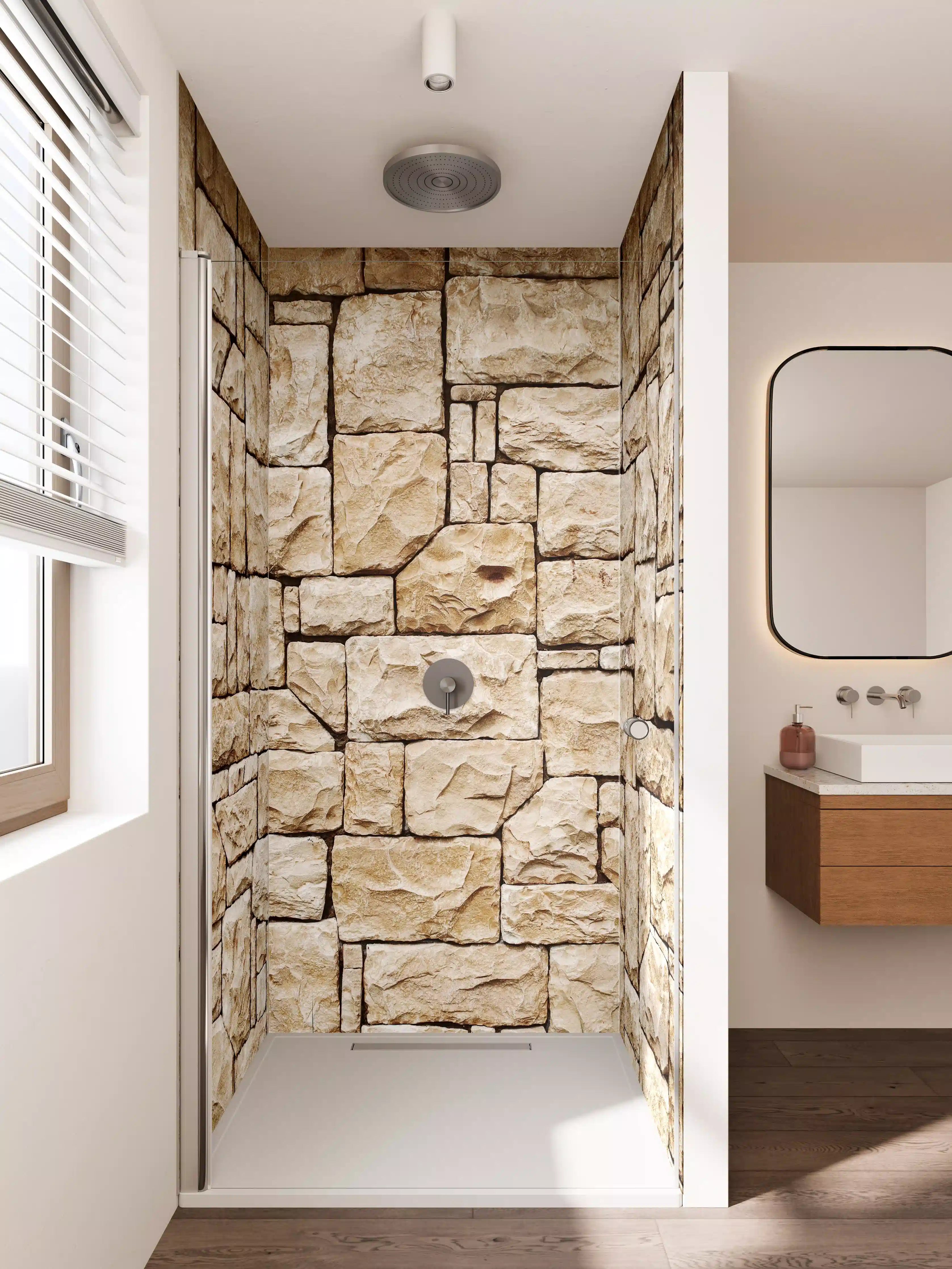 Duschrückwand - Weißer Sandstein mit warmer Textur