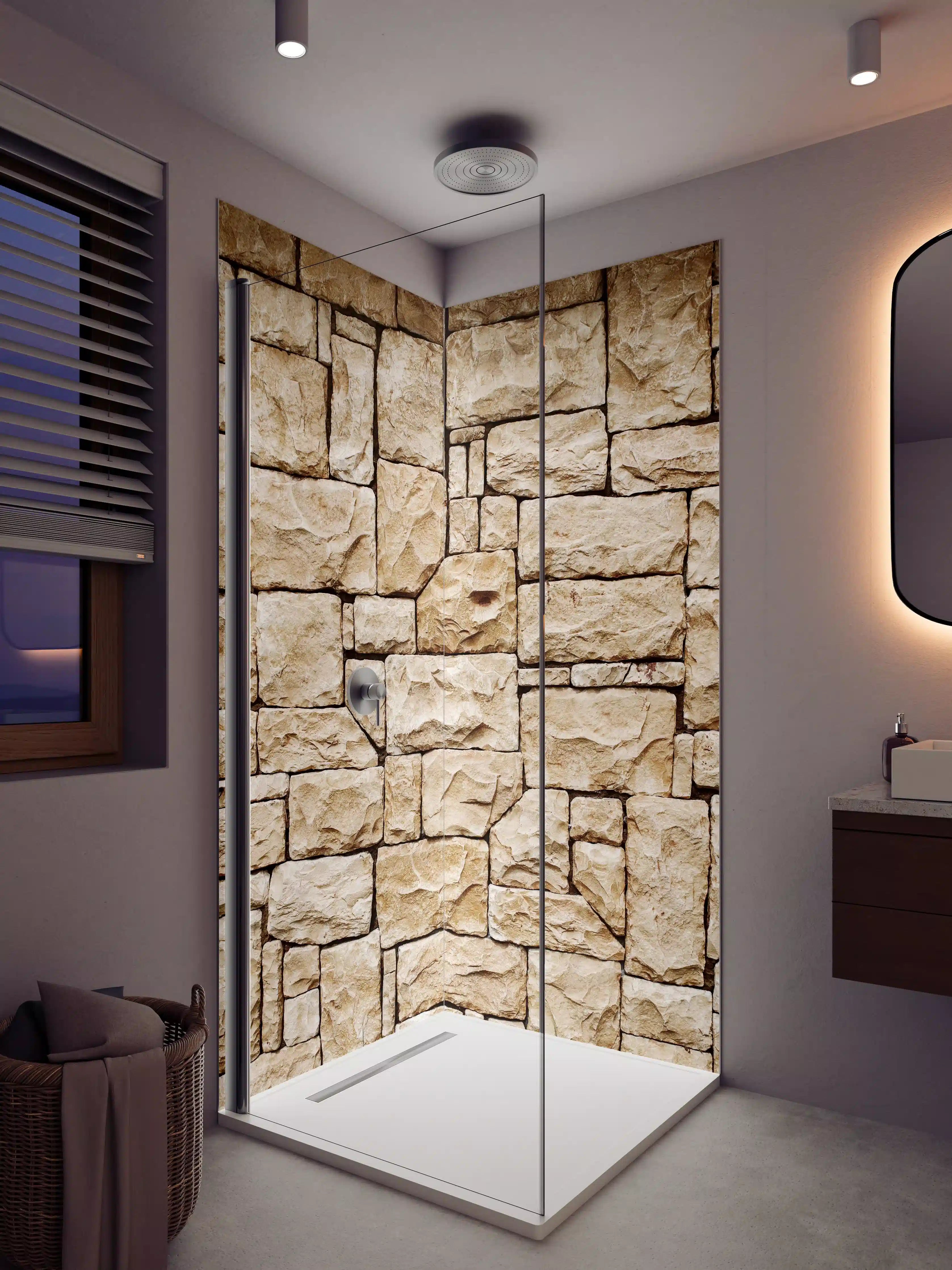 Duschrückwand - Weißer Sandstein mit warmer Textur