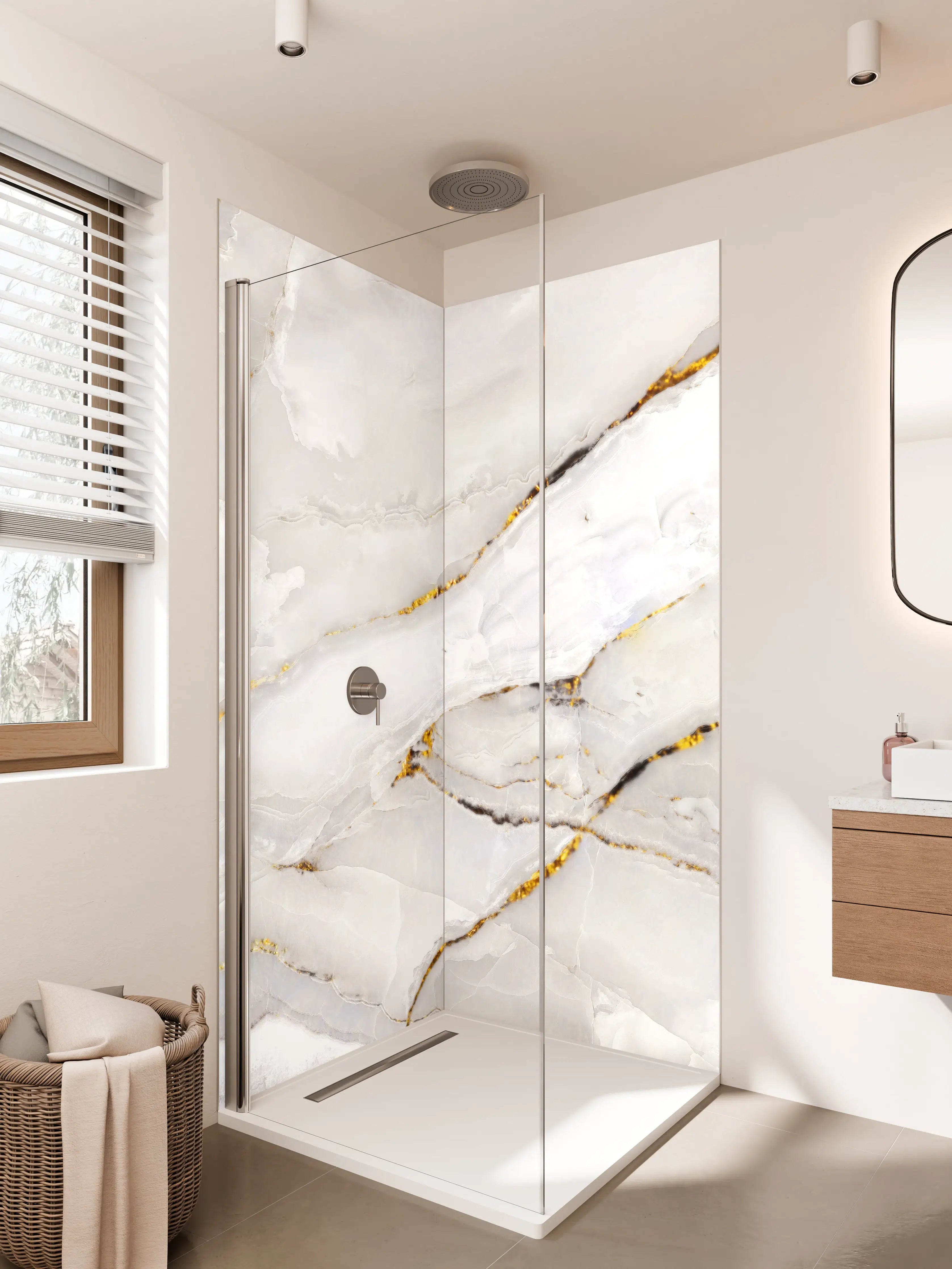 Duschrückwand - Weißer Statuario-Marmor mit goldene Adern