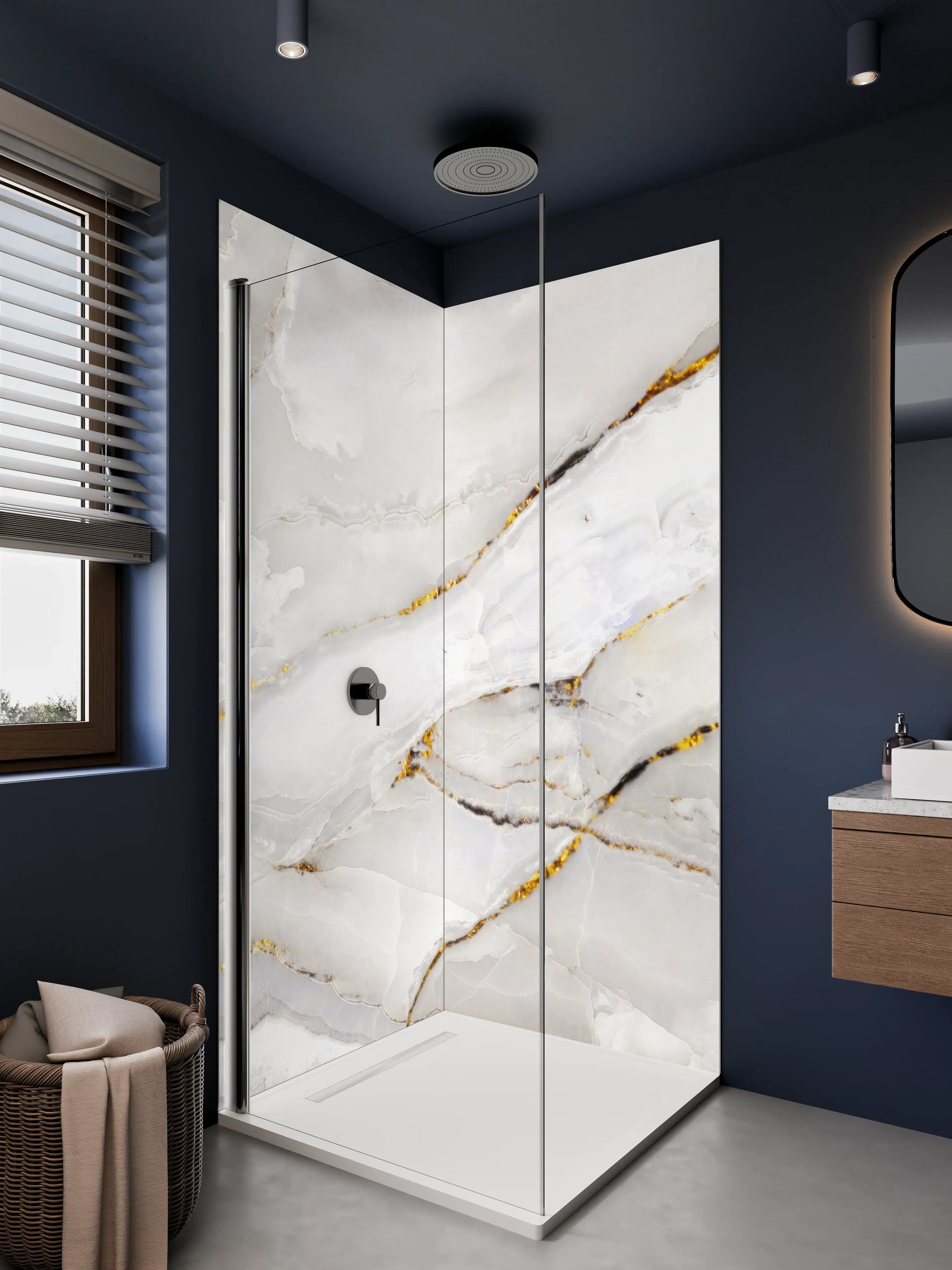 Duschrückwand - Weißer Statuario-Marmor mit goldene Adern