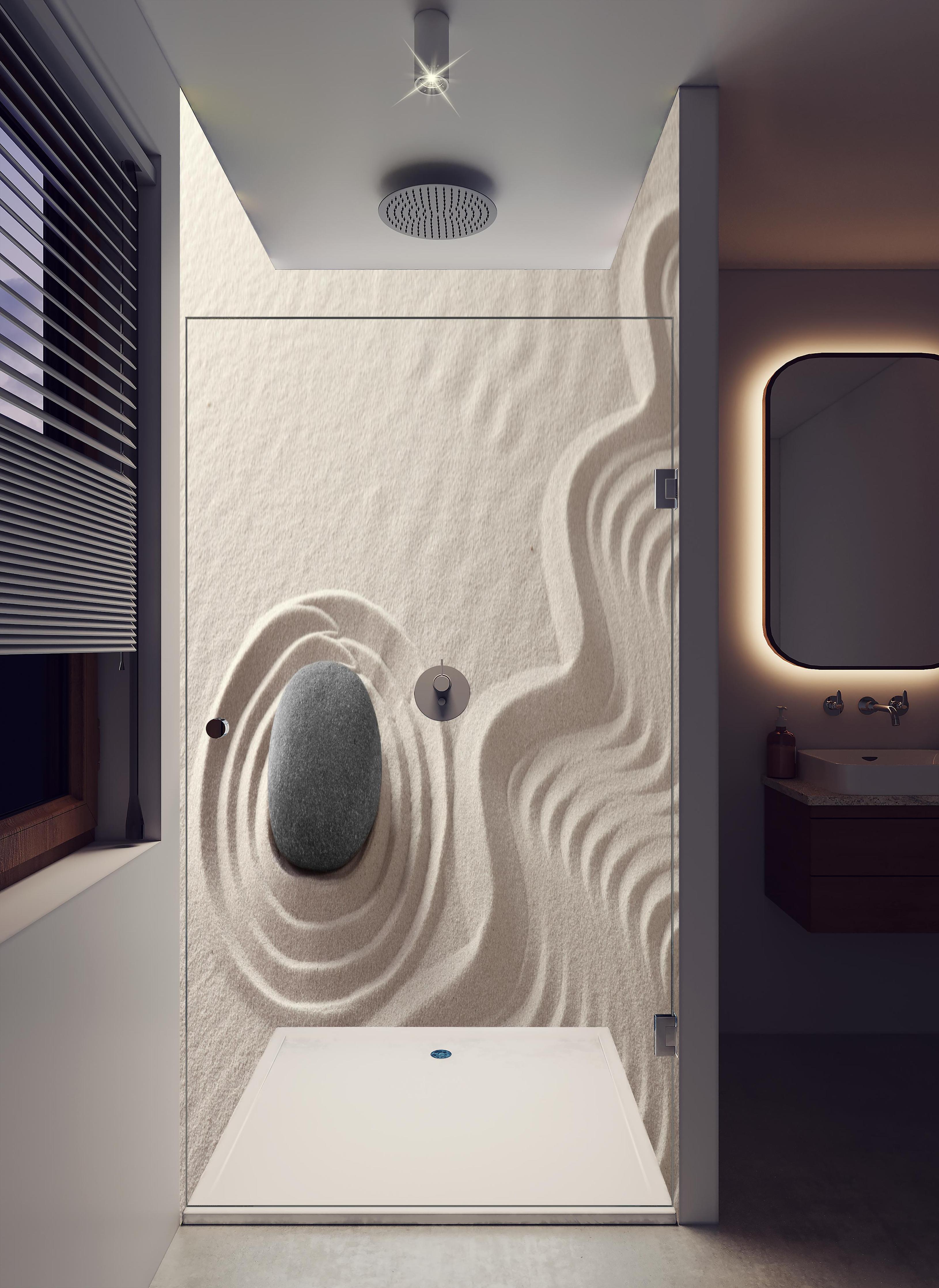 Duschrückwand - Weißer Zen-Garten mit grauem Stein in hellem Badezimmer mit Regenduschkopf - zweiteilige Eck-Duschrückwand