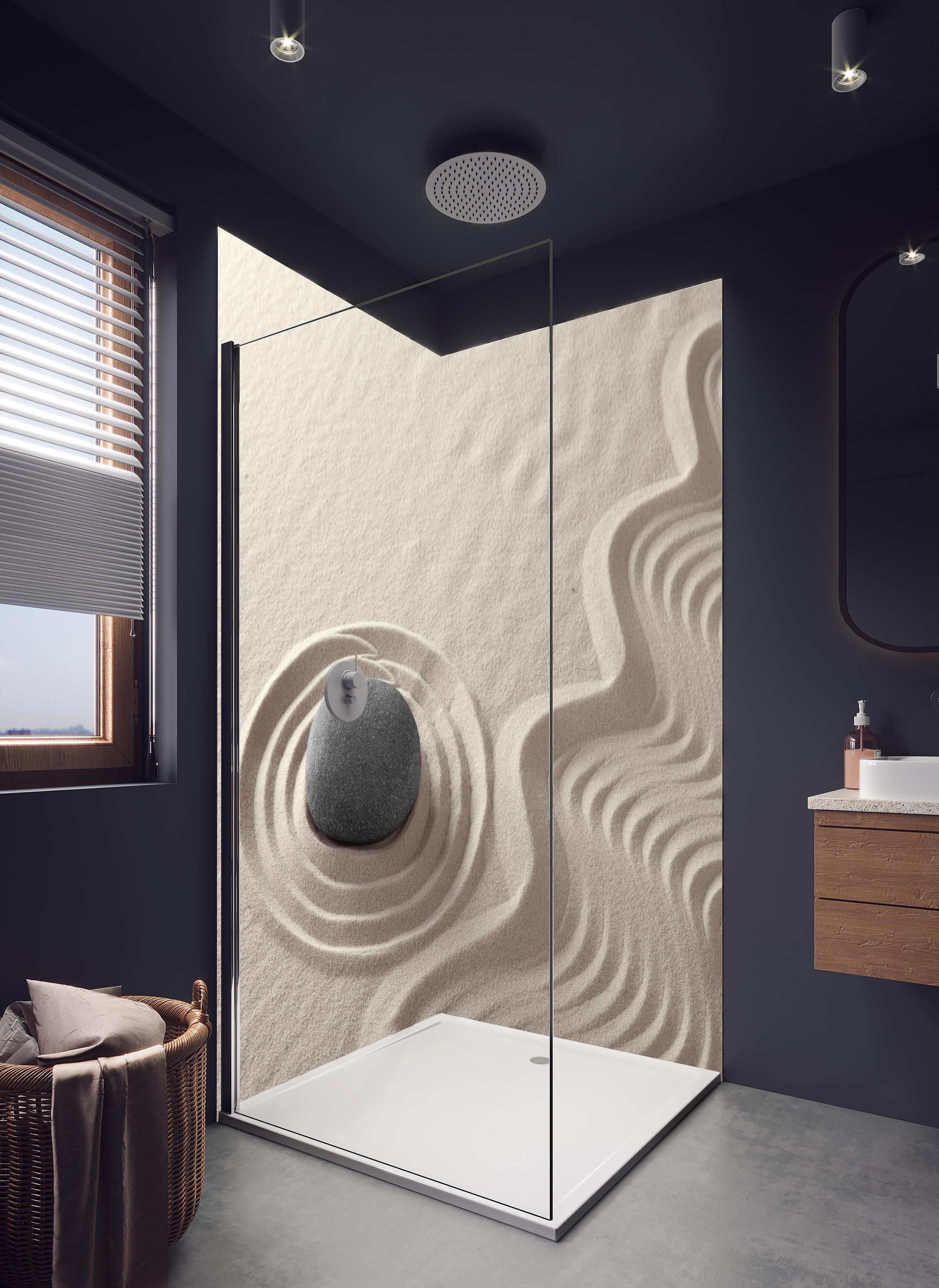 Duschrückwand - Weißer Zen-Garten mit grauem Stein in hellem Badezimmer mit Regenduschkopf - zweiteilige Eck-Duschrückwand