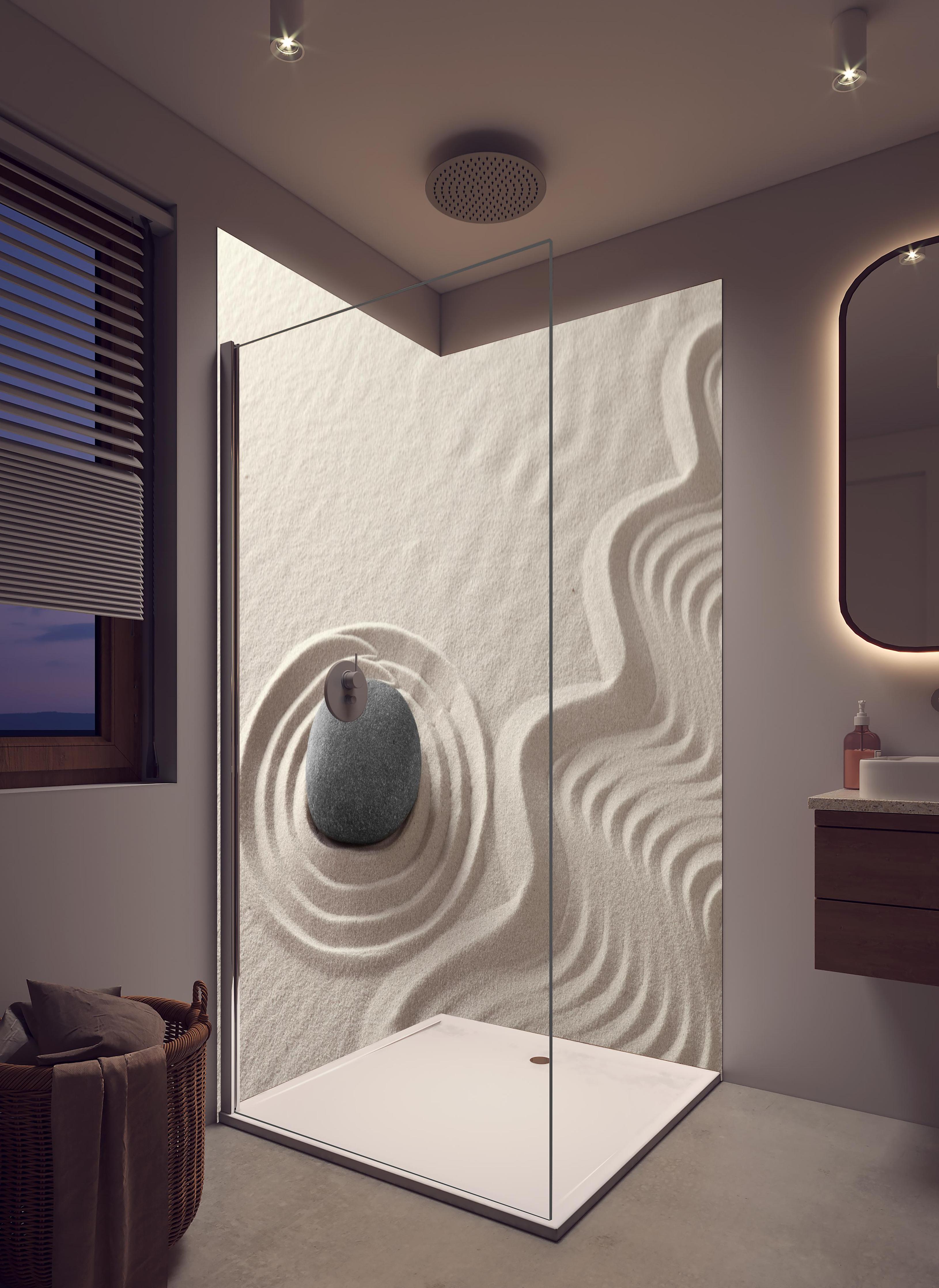 Duschrückwand - Weißer Zen-Garten mit grauem Stein in hellem Badezimmer mit Regenduschkopf - zweiteilige Eck-Duschrückwand