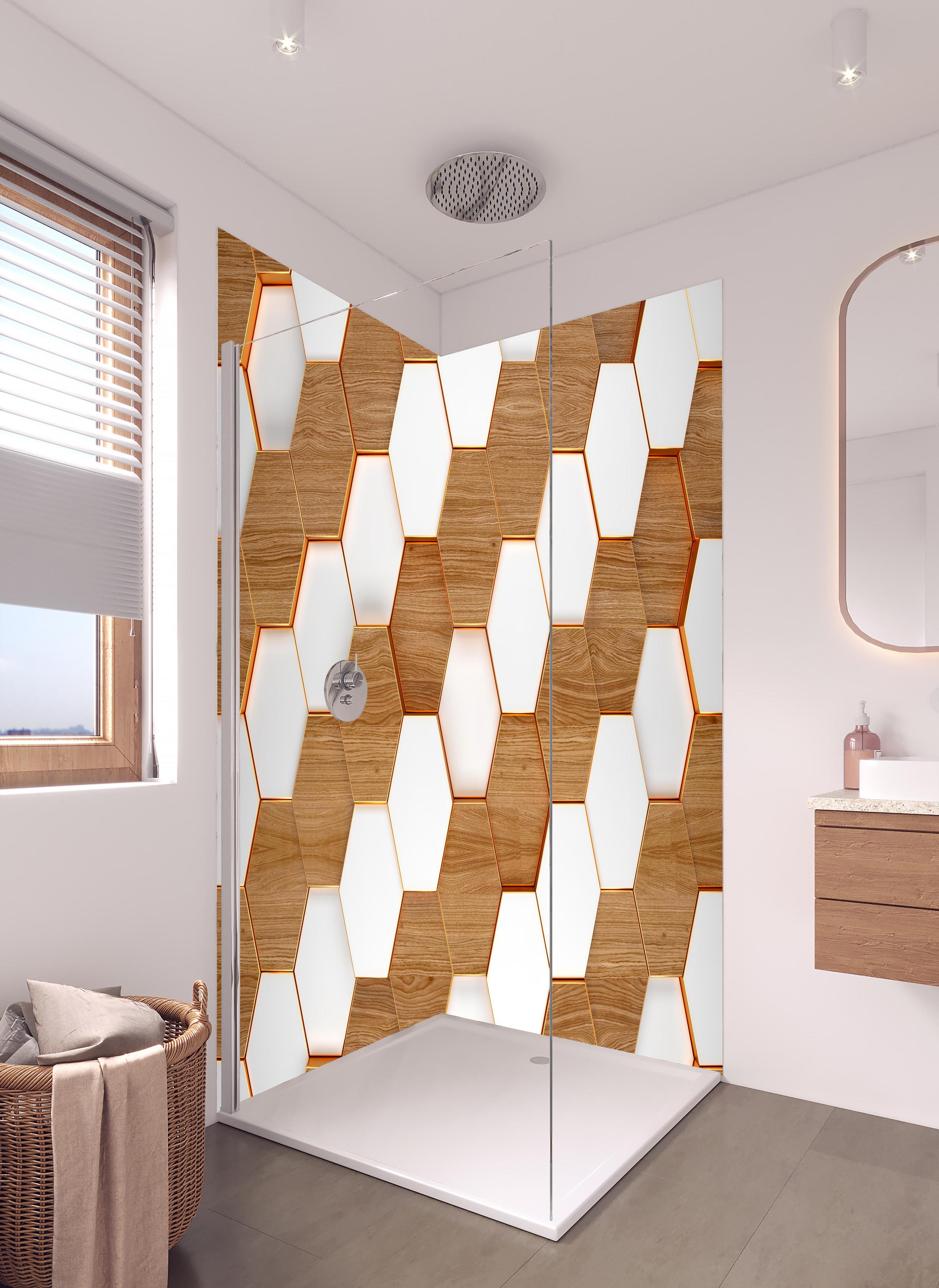 Duschrückwand - Weißes Hexagon Muster mit Holztextur in hellem Badezimmer mit Regenduschkopf - zweiteilige Eck-Duschrückwand