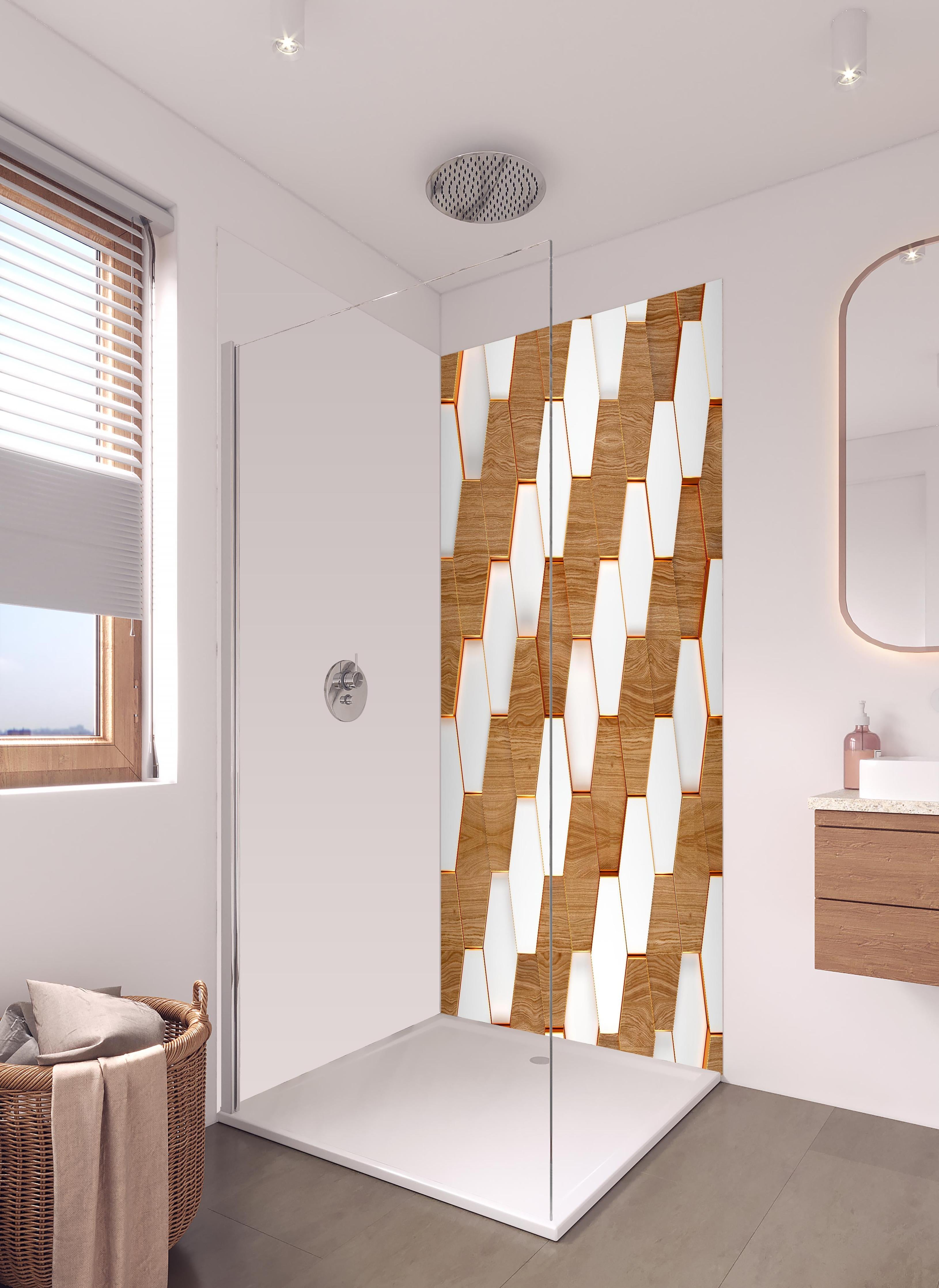 Duschrückwand - Weißes Hexagon Muster mit Holztextur in hellem Badezimmer mit Regenduschkopf - zweiteilige Eck-Duschrückwand
