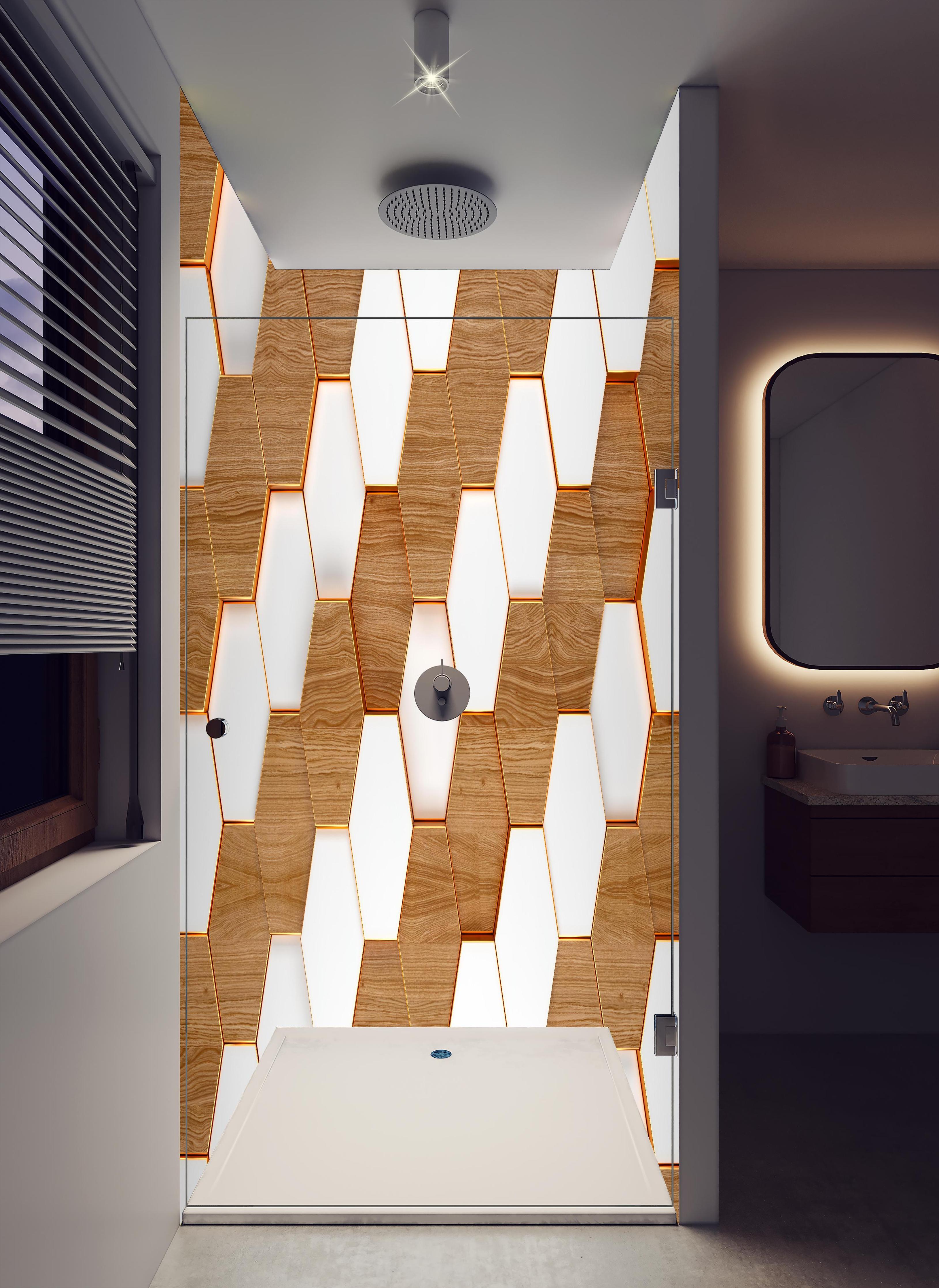 Duschrückwand - Weißes Hexagon Muster mit Holztextur in hellem Badezimmer mit Regenduschkopf - zweiteilige Eck-Duschrückwand