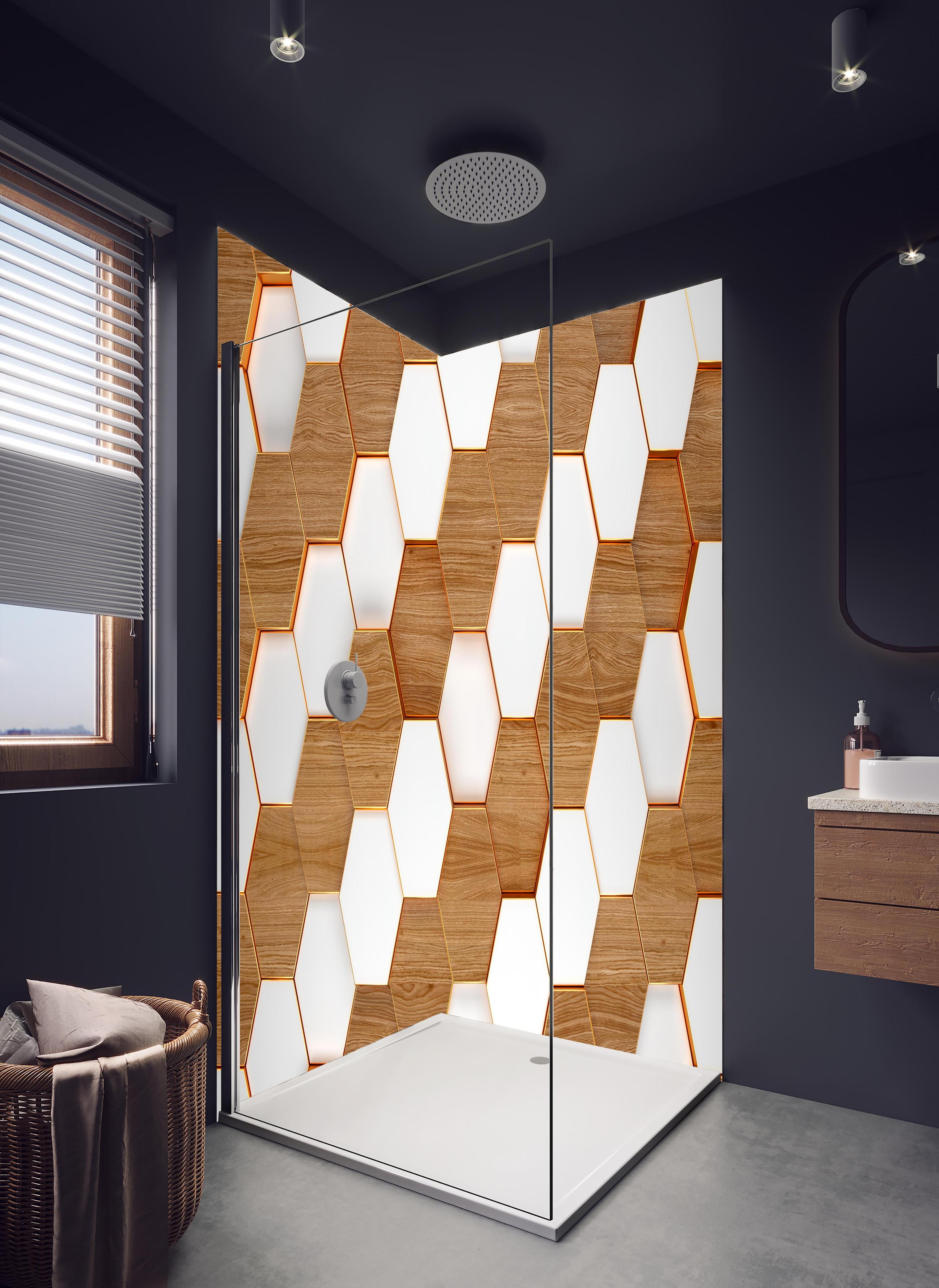 Duschrückwand - Weißes Hexagon Muster mit Holztextur in hellem Badezimmer mit Regenduschkopf - zweiteilige Eck-Duschrückwand