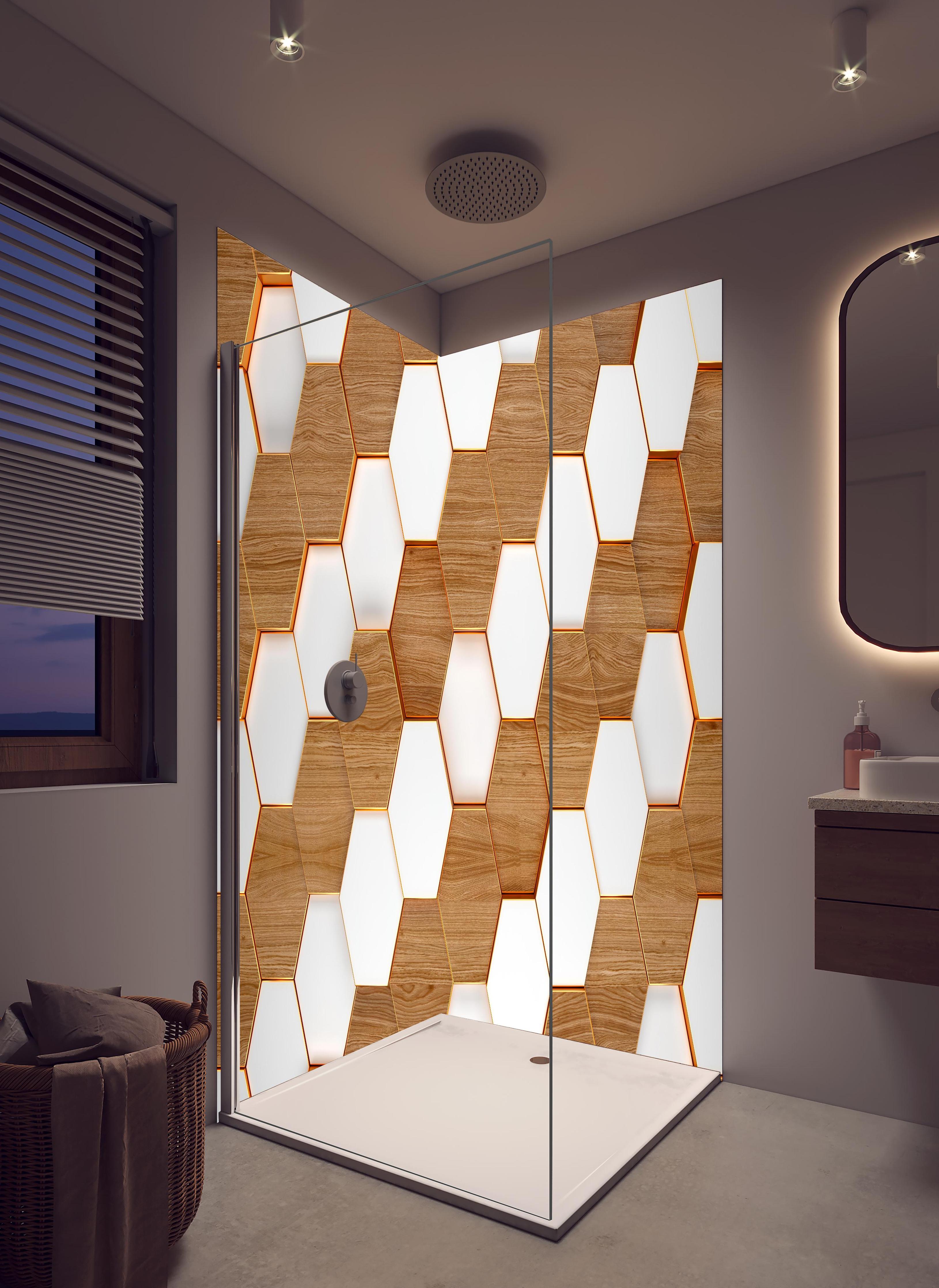 Duschrückwand - Weißes Hexagon Muster mit Holztextur in hellem Badezimmer mit Regenduschkopf - zweiteilige Eck-Duschrückwand