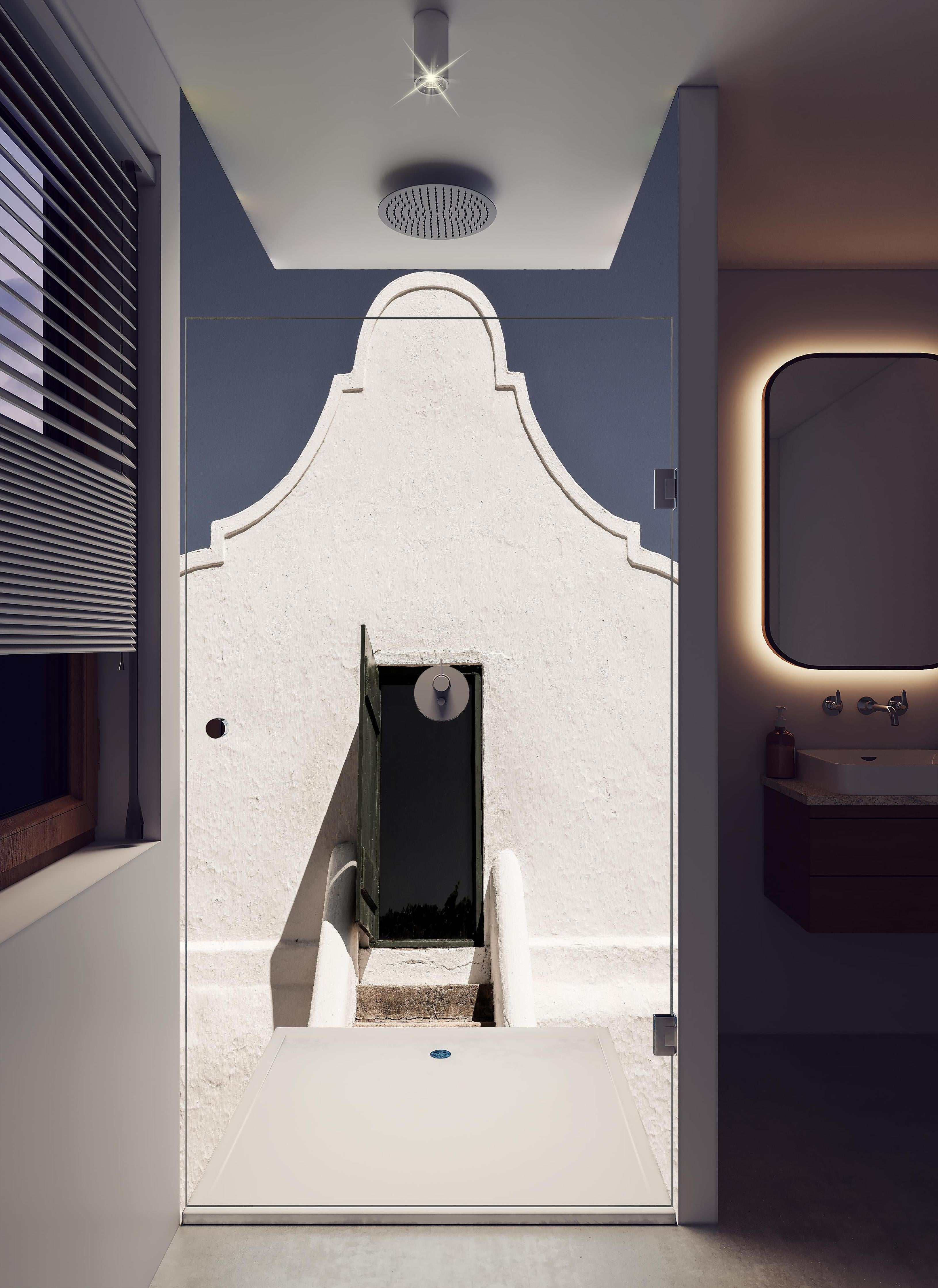 Duschrückwand - Weißes Kap-Holländisches Türdesign in hellem Badezimmer mit Regenduschkopf - zweiteilige Eck-Duschrückwand