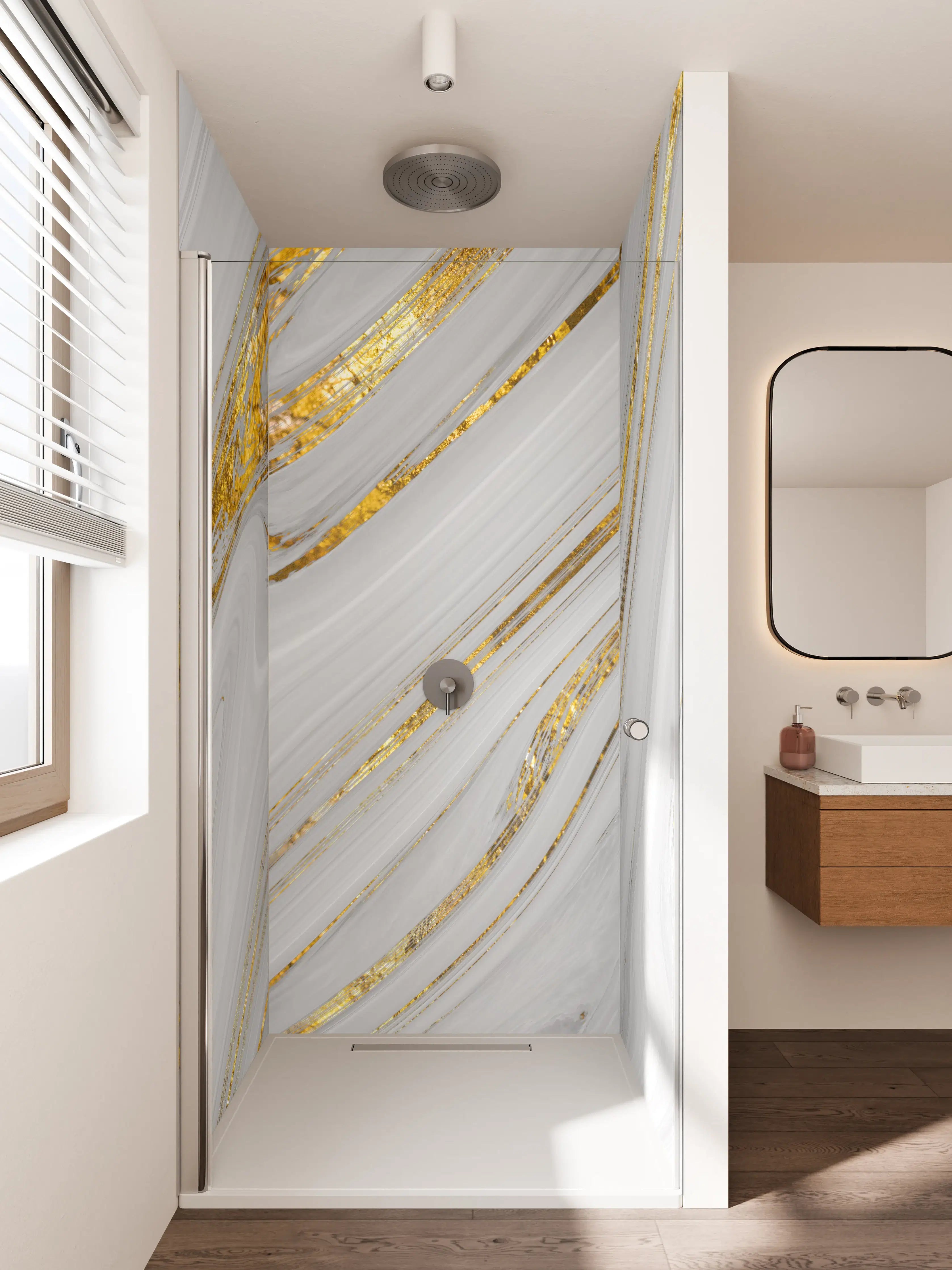 Duschrückwand - Weißes Marmor Muster mit goldenen Adern