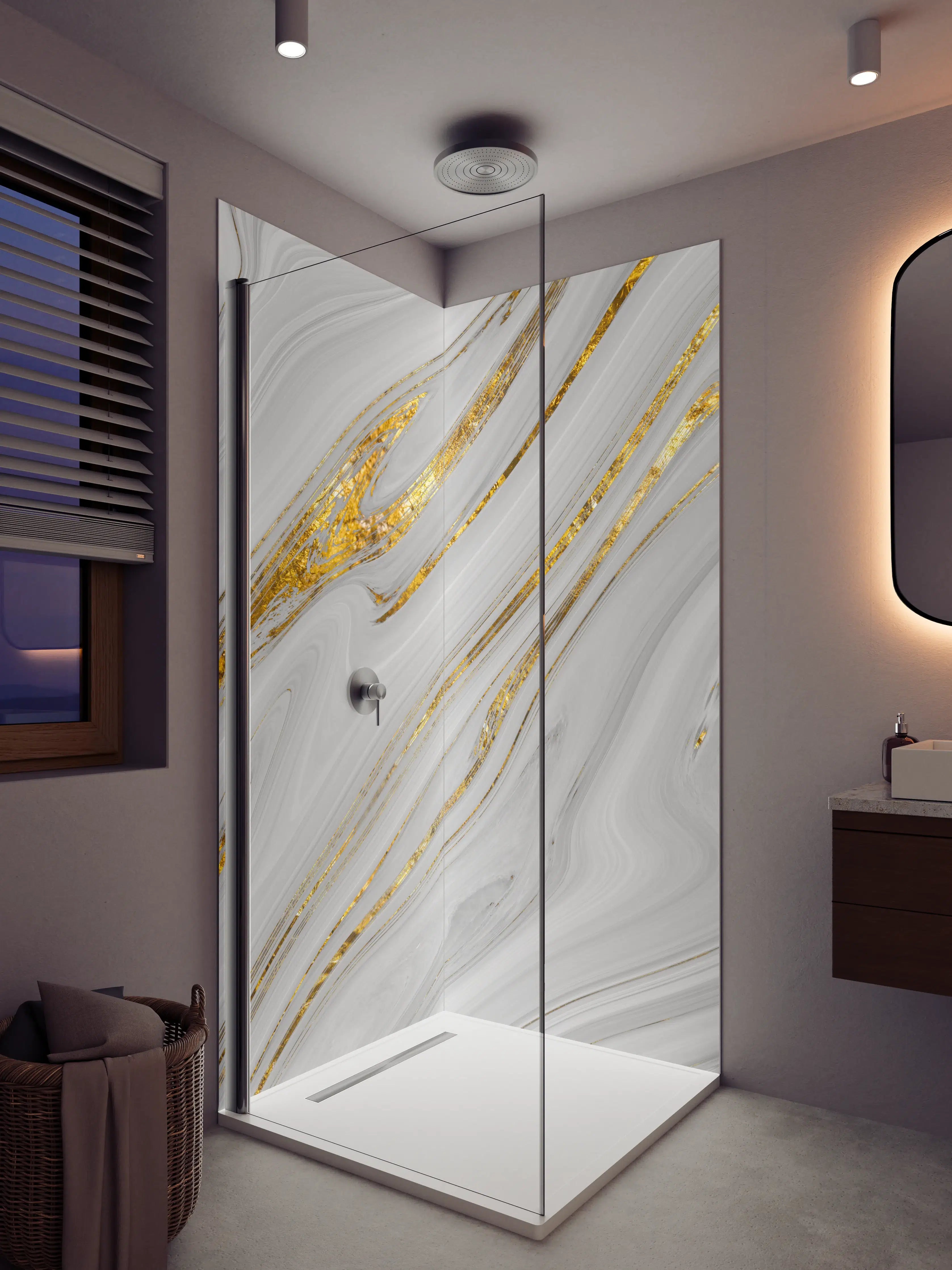 Duschrückwand - Weißes Marmor Muster mit goldenen Adern