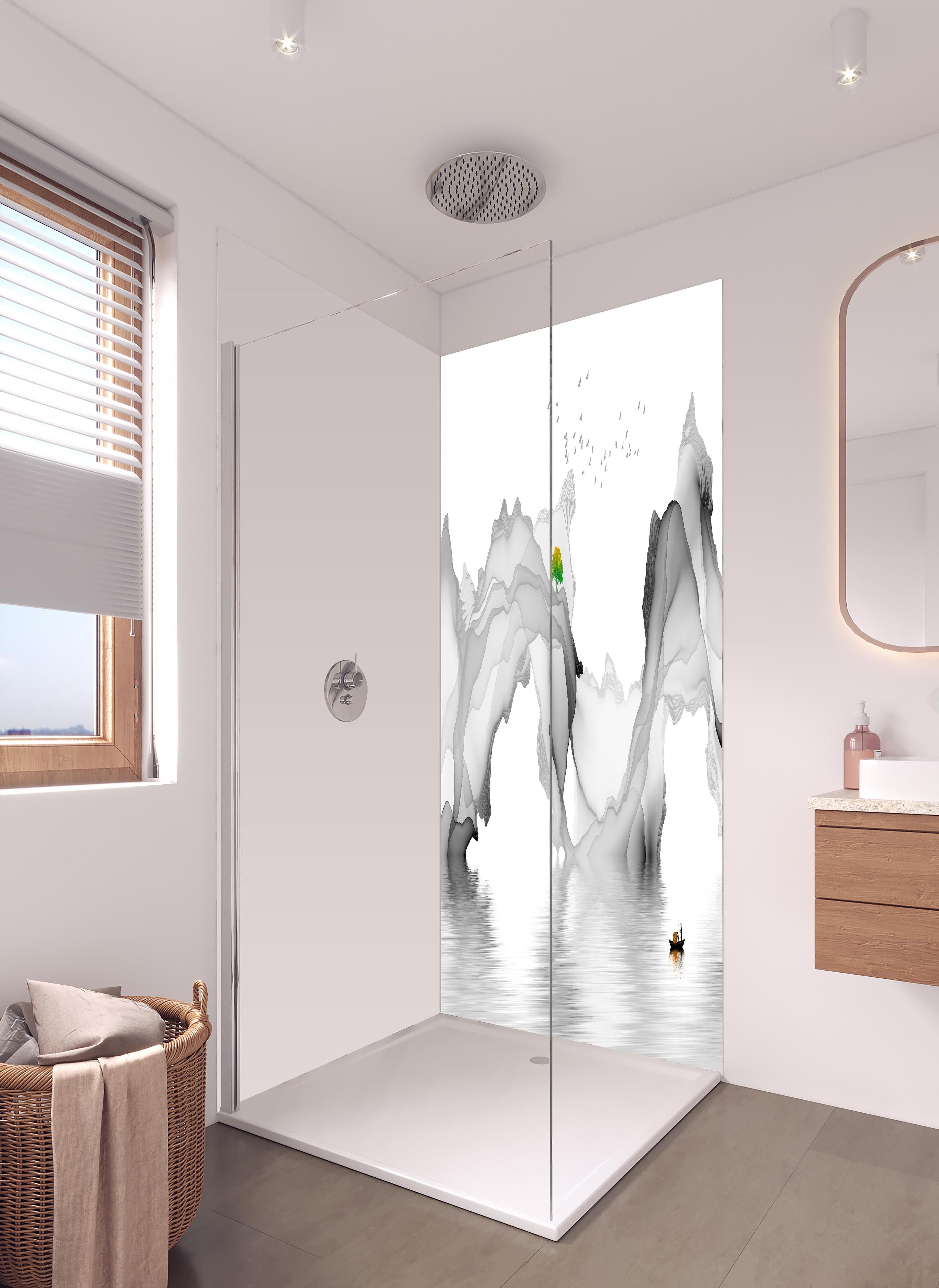 Duschrückwand - Weißes Meer Gemälde in hellem Badezimmer mit Regenduschkopf - zweiteilige Eck-Duschrückwand