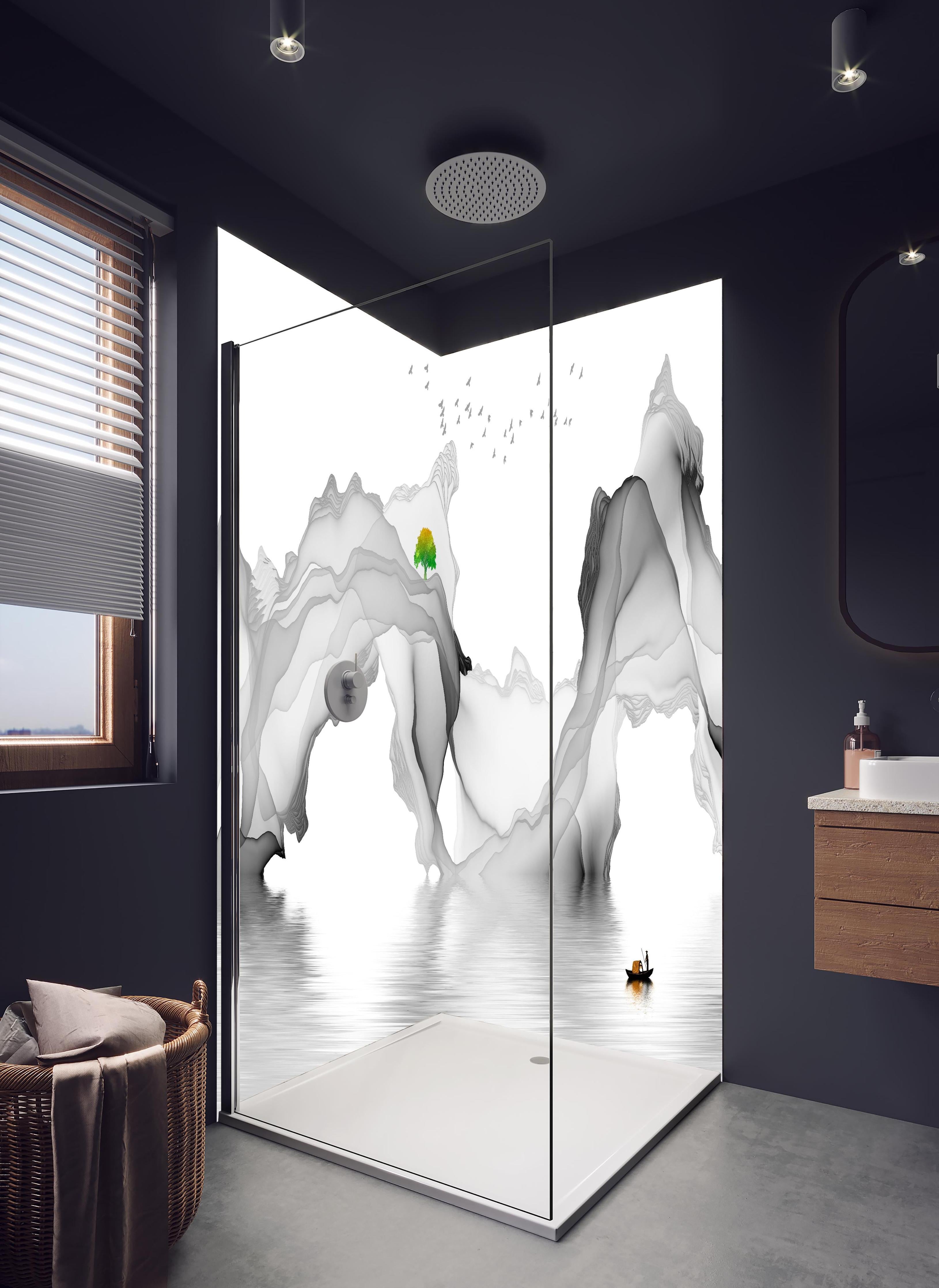 Duschrückwand - Weißes Meer Gemälde in hellem Badezimmer mit Regenduschkopf - zweiteilige Eck-Duschrückwand