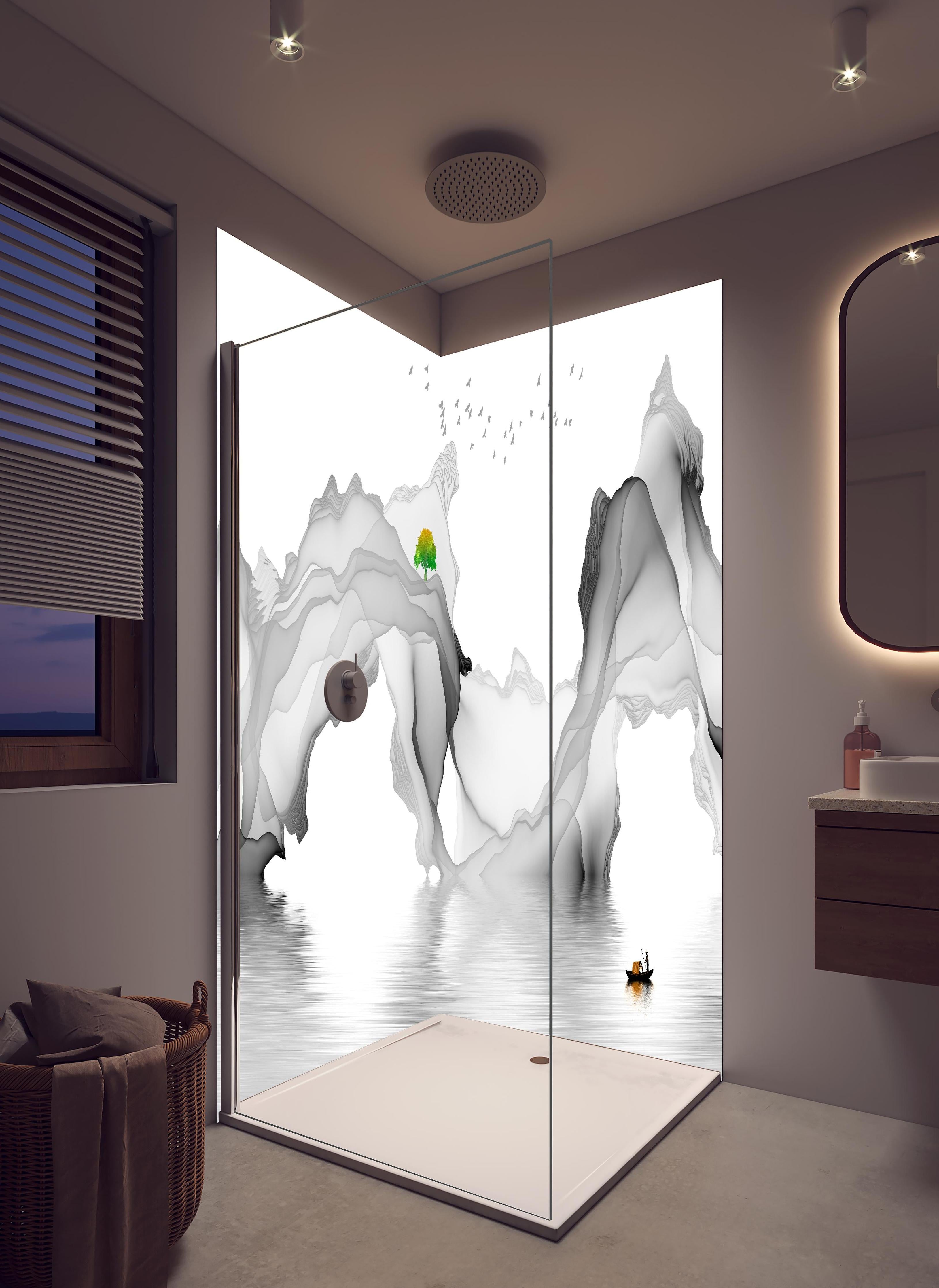 Duschrückwand - Weißes Meer Gemälde in hellem Badezimmer mit Regenduschkopf - zweiteilige Eck-Duschrückwand
