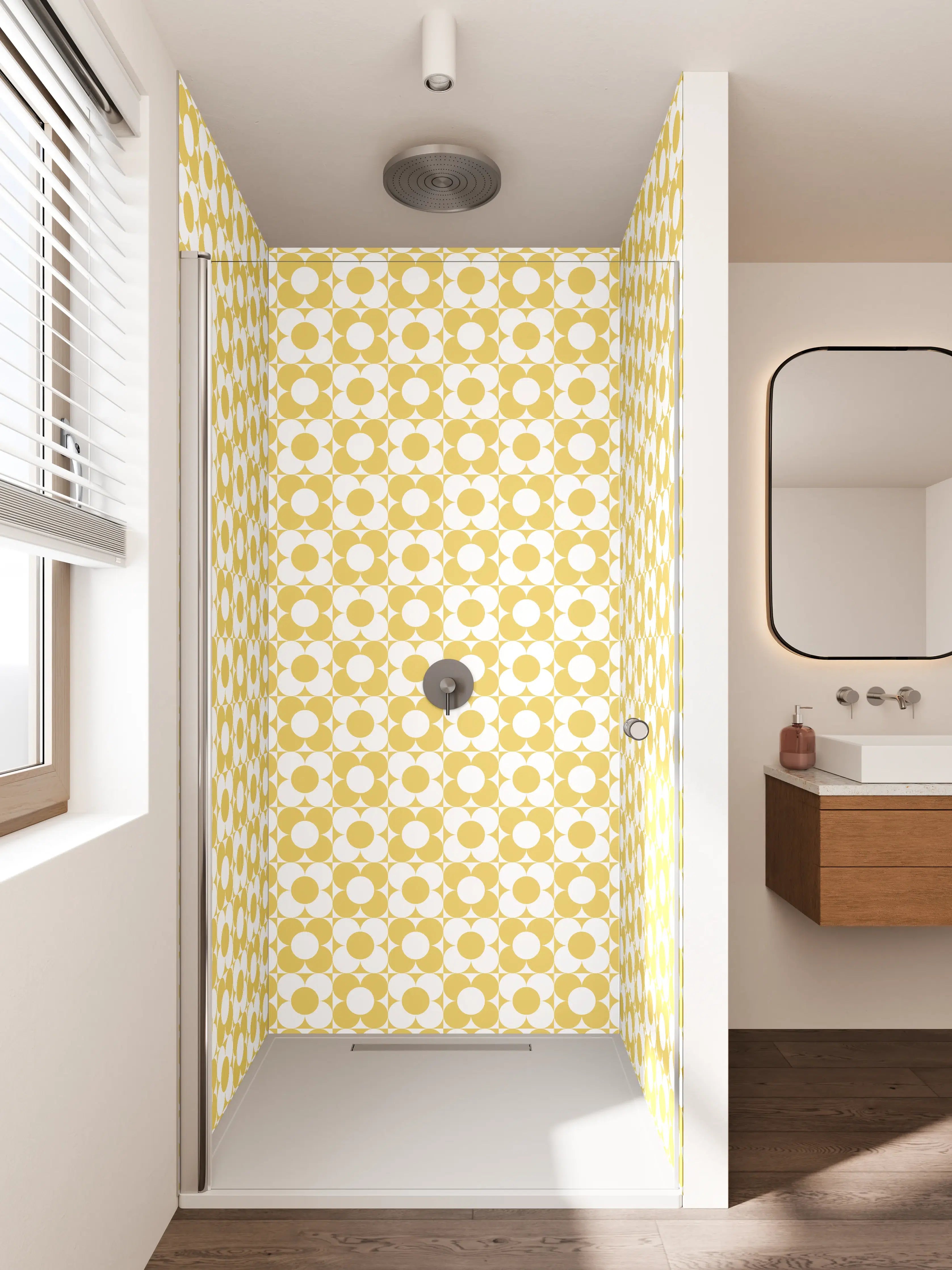 Duschrückwand - Weißes geometrisches Muster in Hellgelb