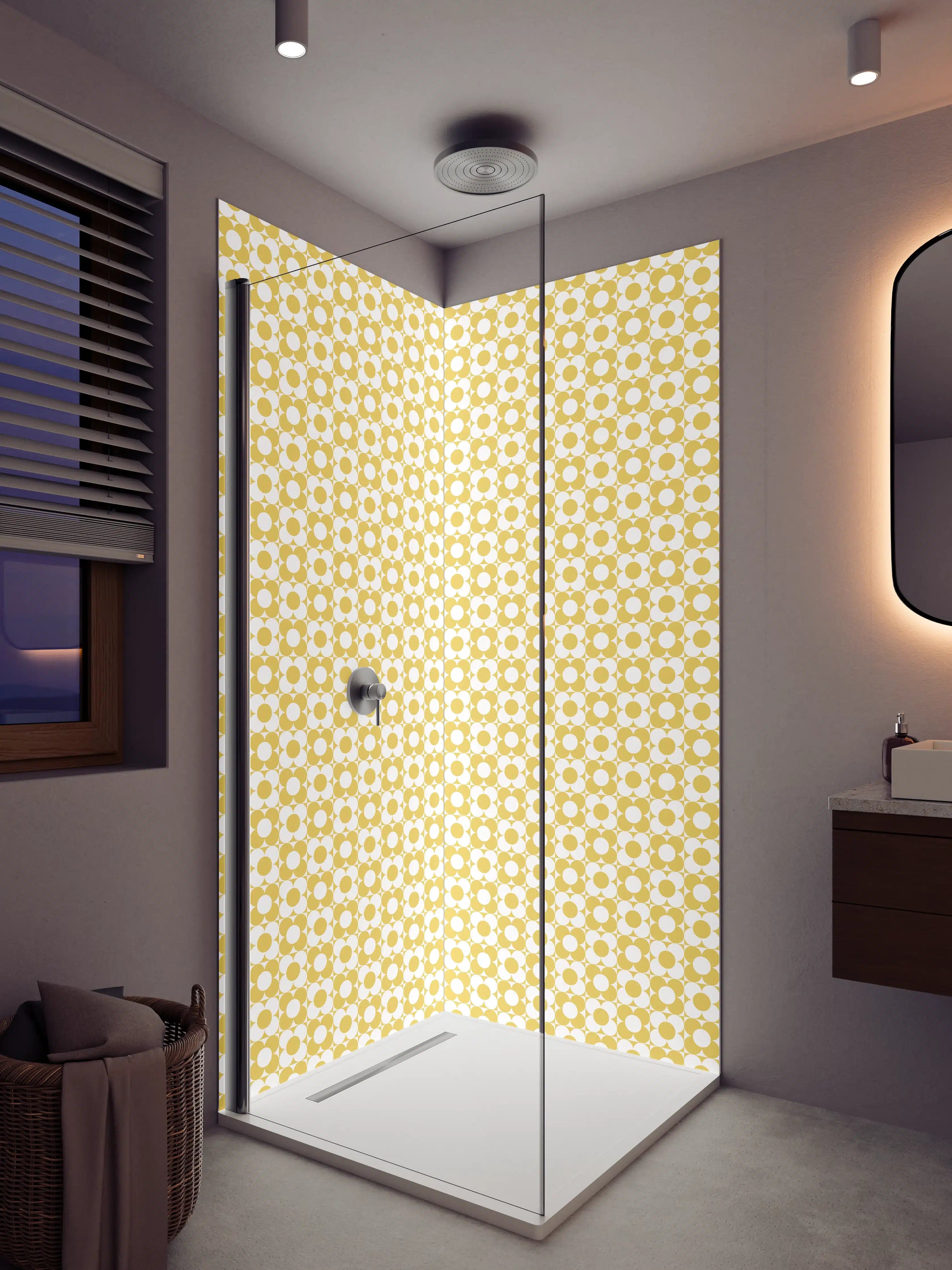 Duschrückwand - Weißes geometrisches Muster in Hellgelb