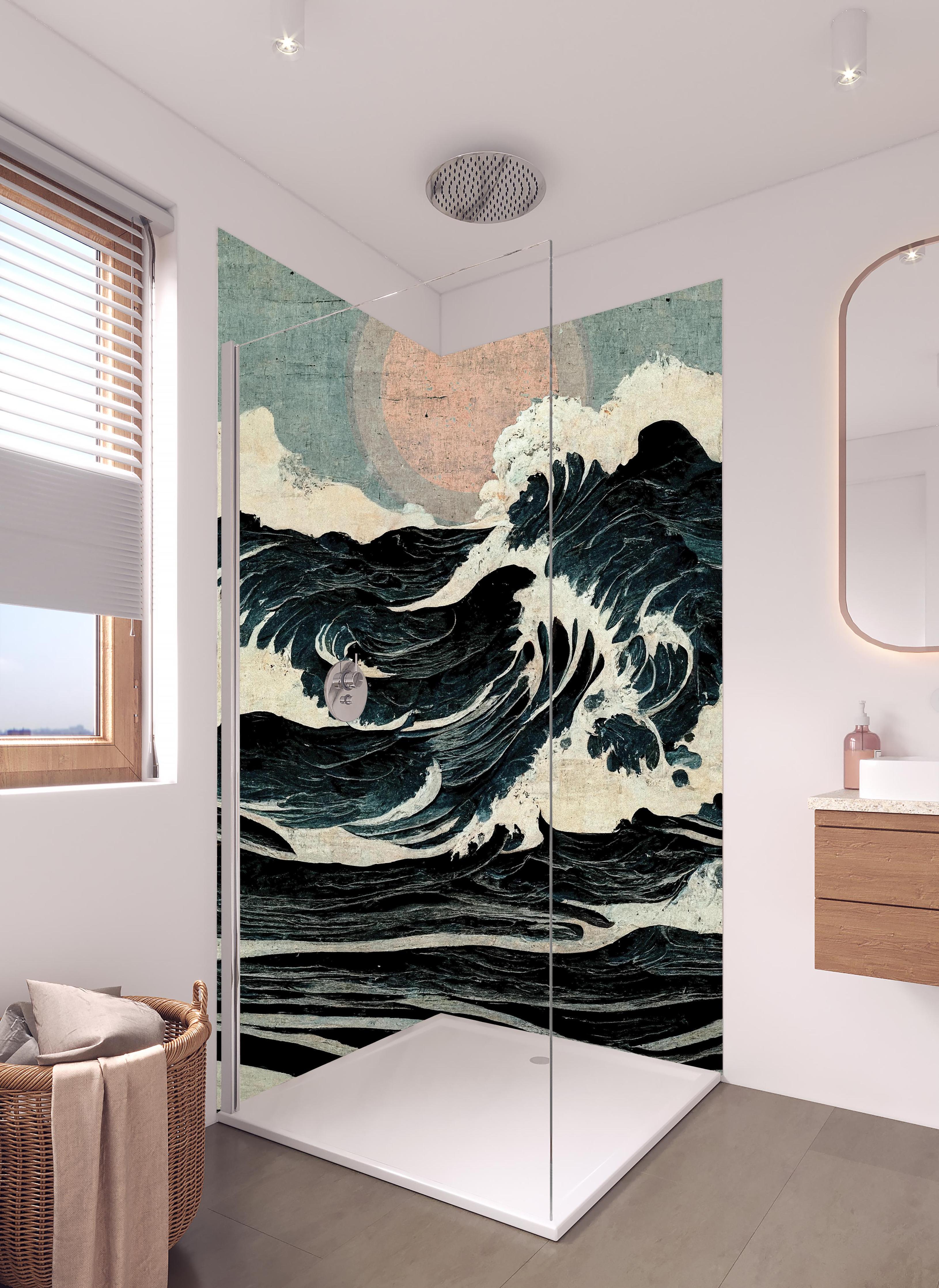Duschrückwand - Wellen Zeichnung - Gemälde in hellem Badezimmer mit Regenduschkopf - zweiteilige Eck-Duschrückwand