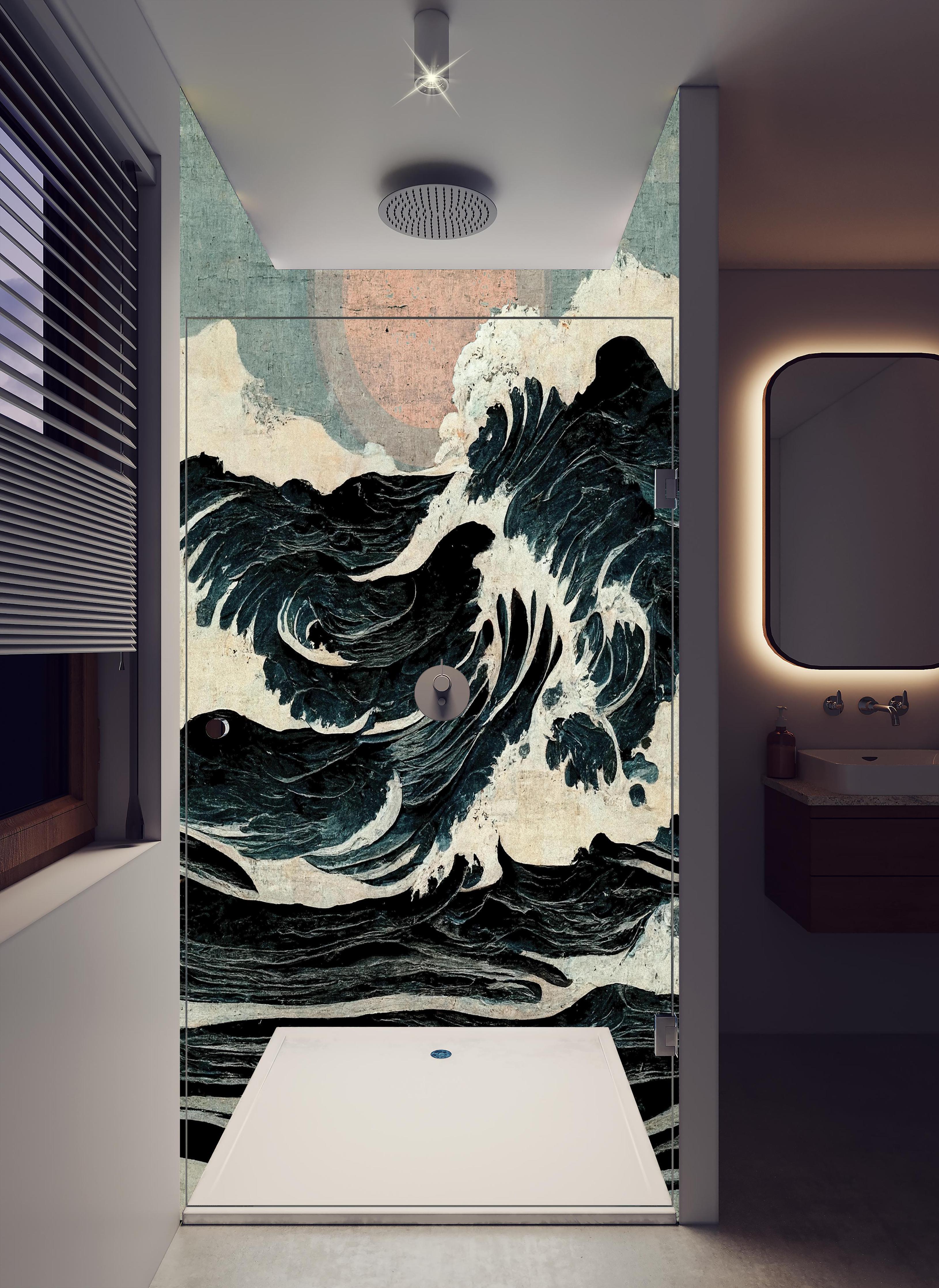Duschrückwand - Wellen Zeichnung - Gemälde in hellem Badezimmer mit Regenduschkopf - zweiteilige Eck-Duschrückwand