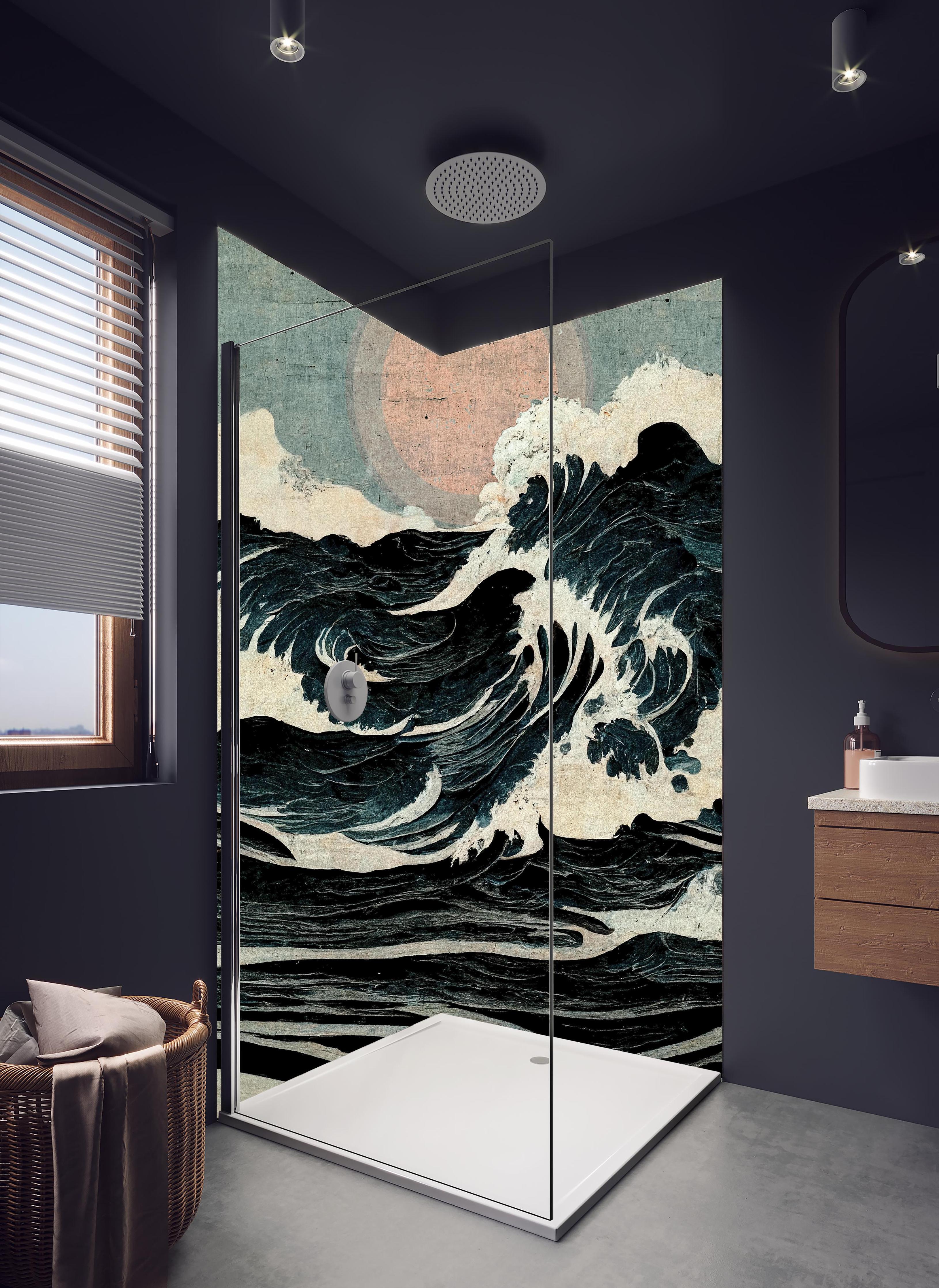 Duschrückwand - Wellen Zeichnung - Gemälde in hellem Badezimmer mit Regenduschkopf - zweiteilige Eck-Duschrückwand