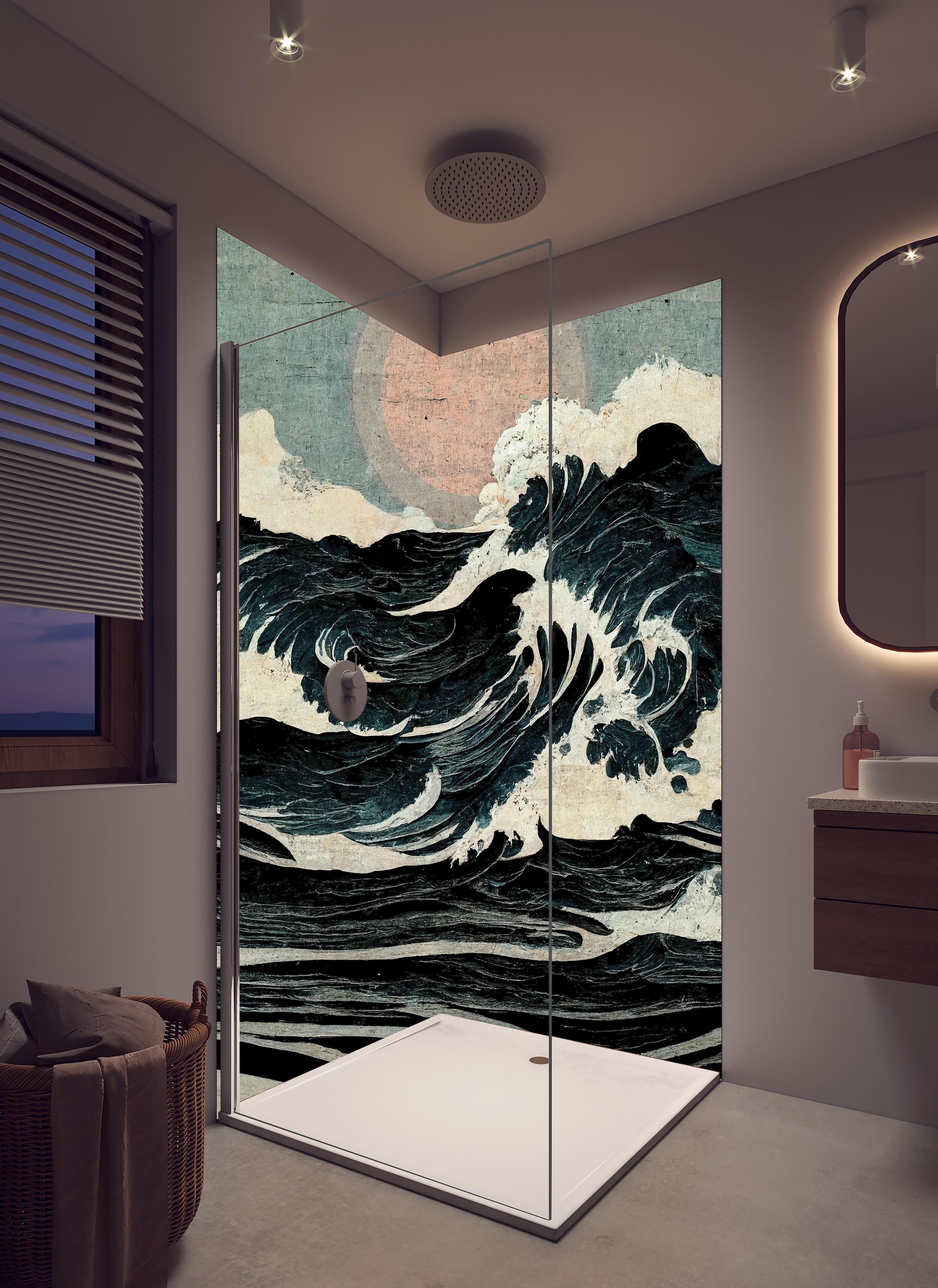 Duschrückwand - Wellen Zeichnung - Gemälde in hellem Badezimmer mit Regenduschkopf - zweiteilige Eck-Duschrückwand