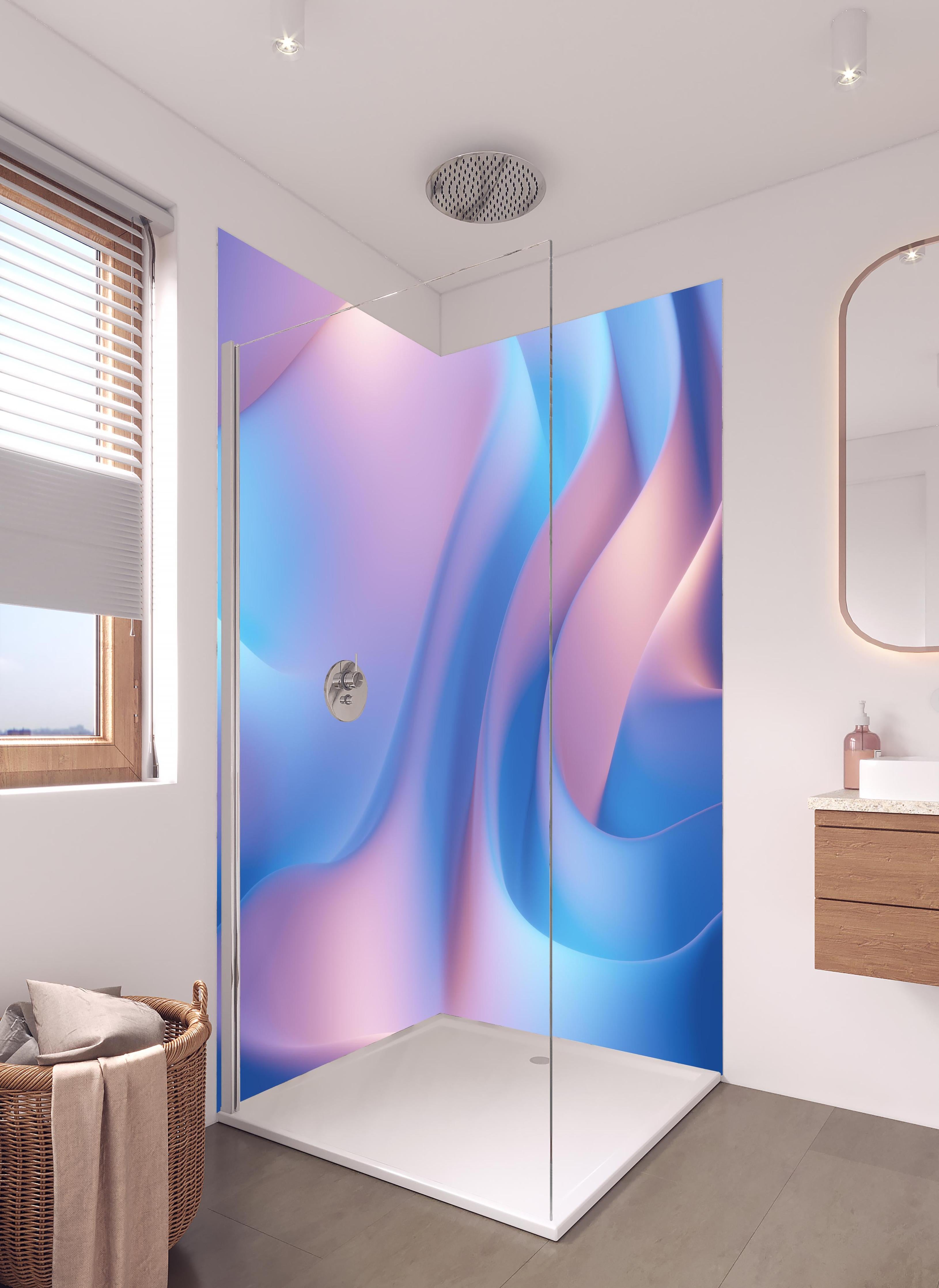 Duschrückwand - Wellenförmige Abstraktion in Blau- und Lilatönen in hellem Badezimmer mit Regenduschkopf - zweiteilige Eck-Duschrückwand