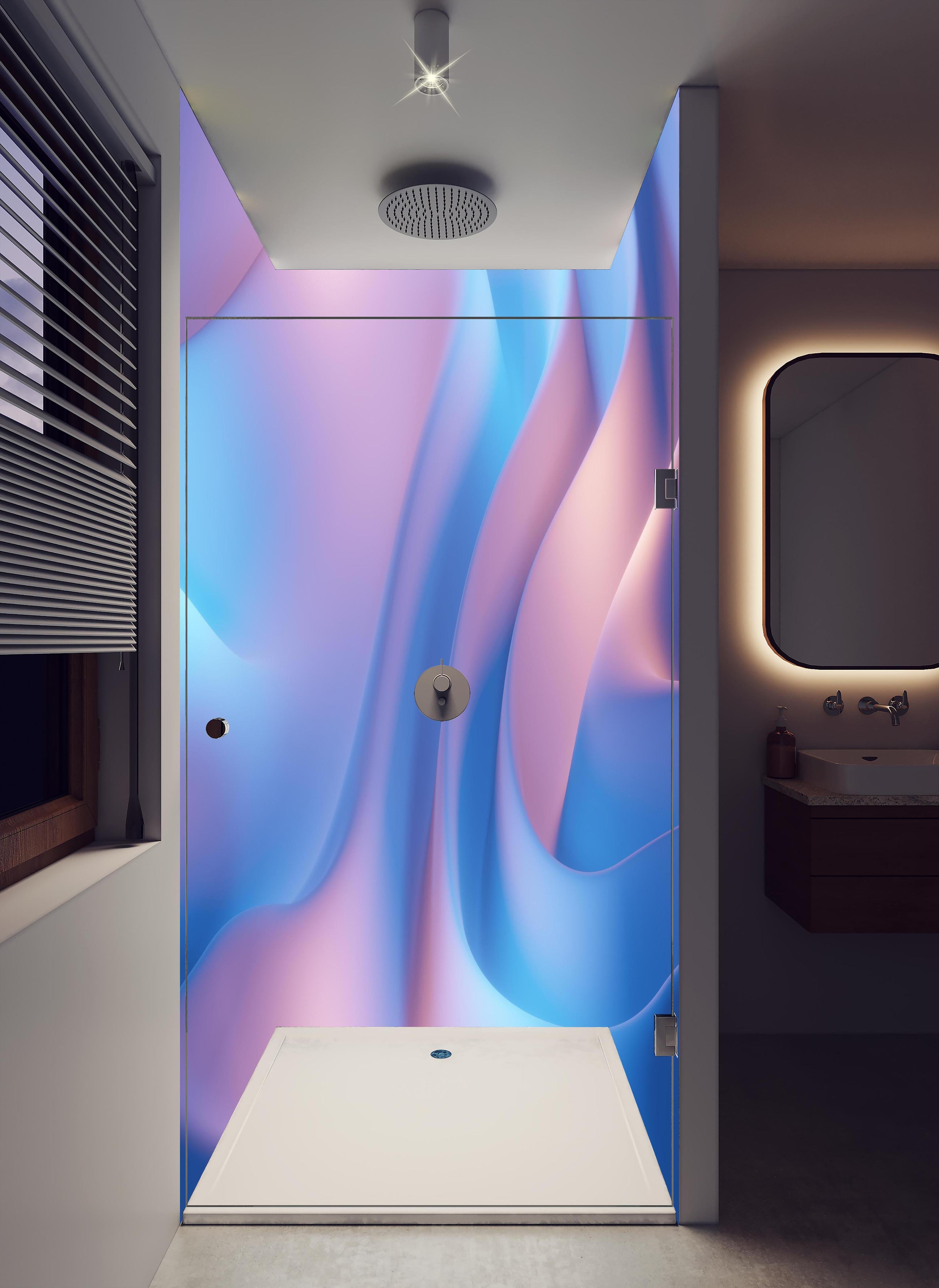 Duschrückwand - Wellenförmige Abstraktion in Blau- und Lilatönen in hellem Badezimmer mit Regenduschkopf - zweiteilige Eck-Duschrückwand