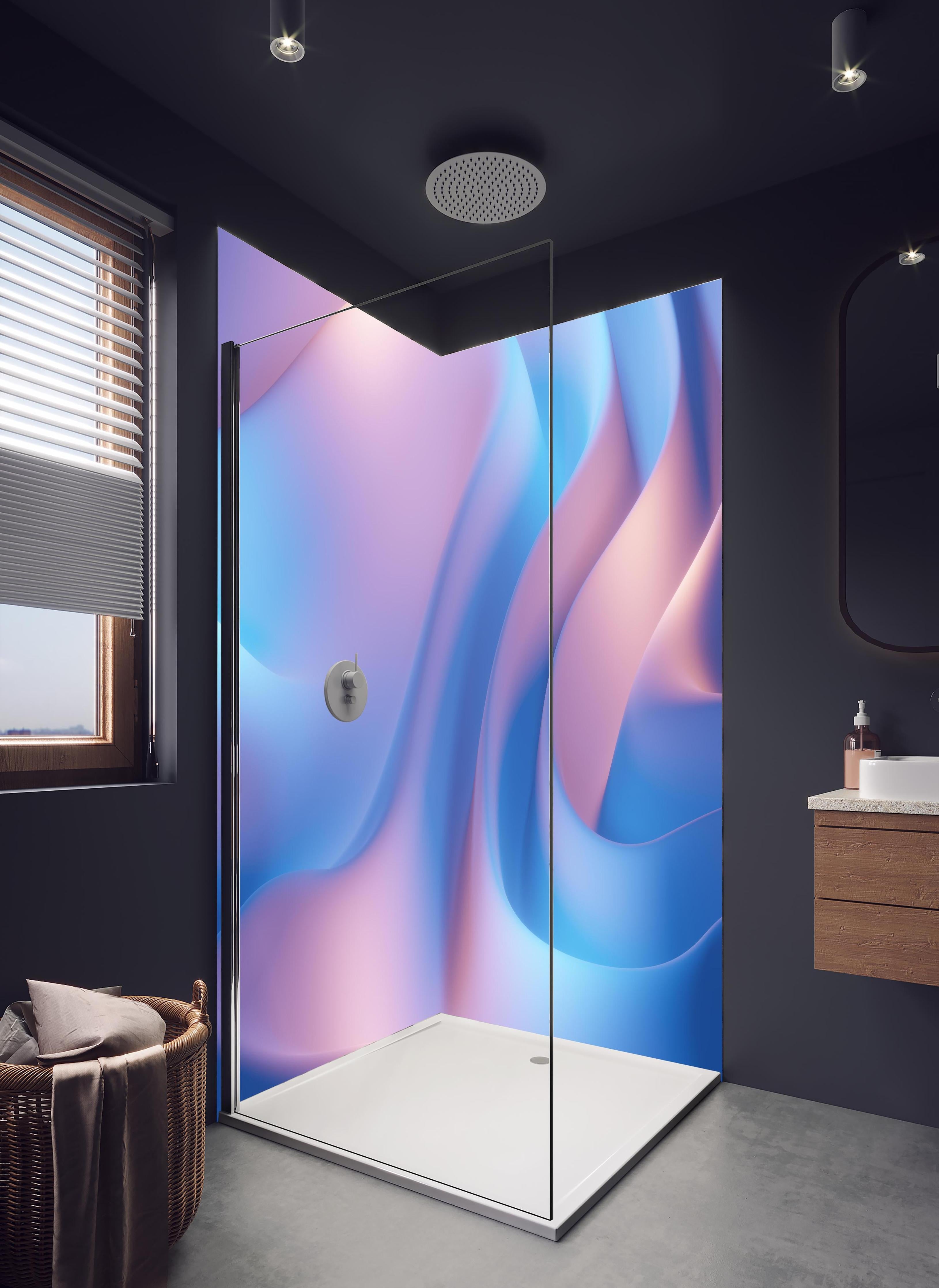 Duschrückwand - Wellenförmige Abstraktion in Blau- und Lilatönen in hellem Badezimmer mit Regenduschkopf - zweiteilige Eck-Duschrückwand