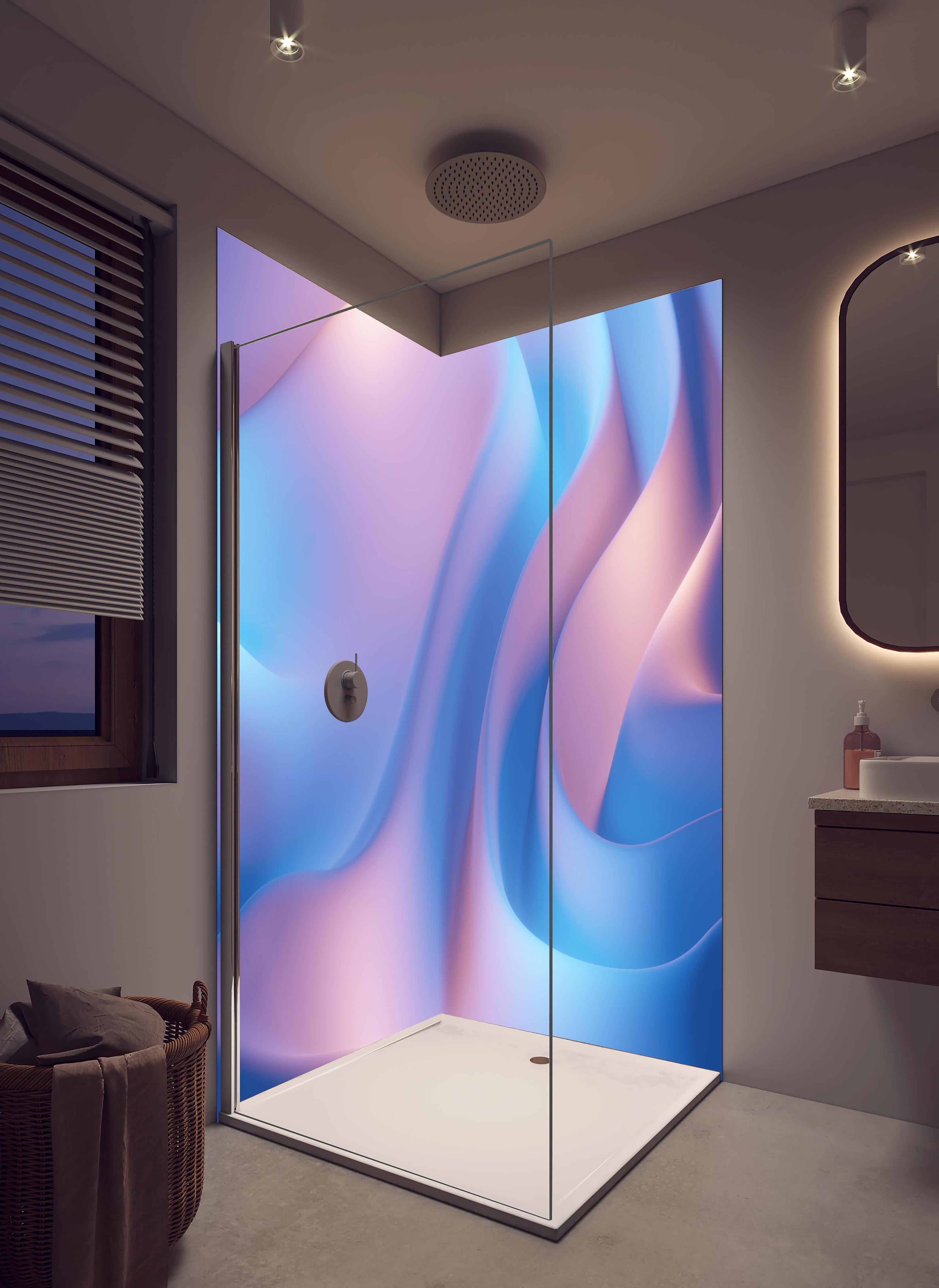 Duschrückwand - Wellenförmige Abstraktion in Blau- und Lilatönen in hellem Badezimmer mit Regenduschkopf - zweiteilige Eck-Duschrückwand