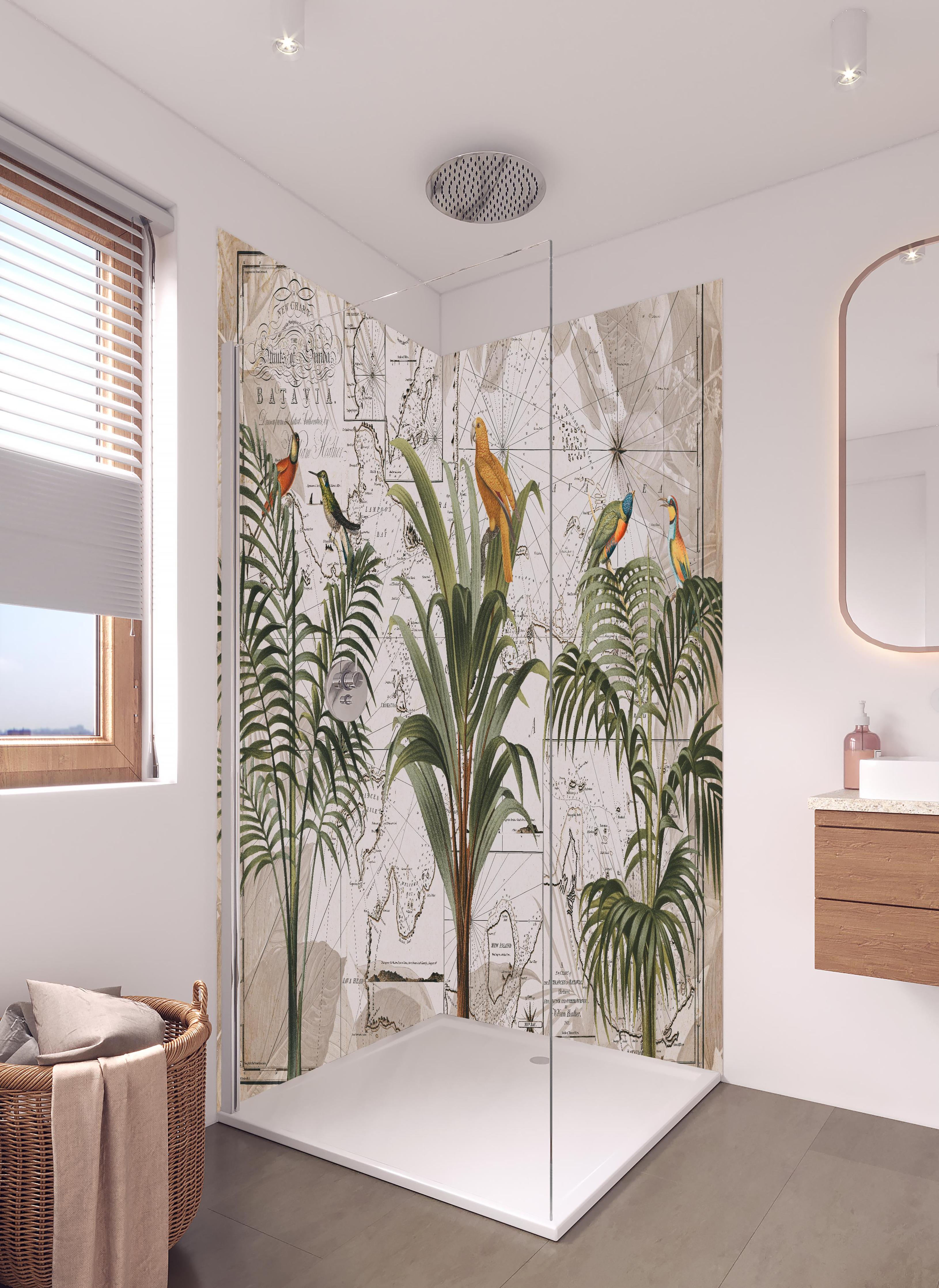 Duschrückwand - Weltkarte - Indonesien in hellem Badezimmer mit Regenduschkopf - zweiteilige Eck-Duschrückwand