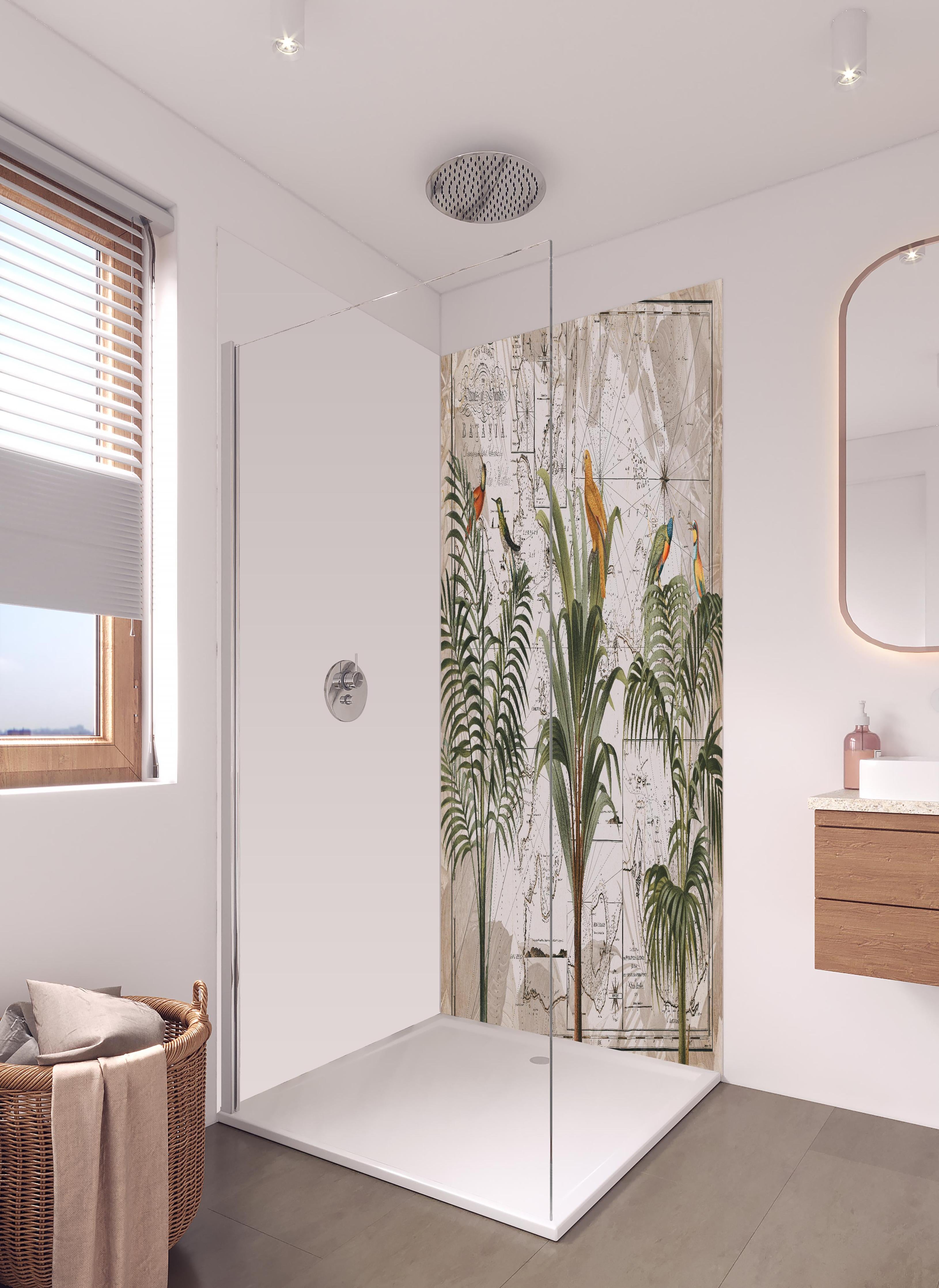 Duschrückwand - Weltkarte - Indonesien in hellem Badezimmer mit Regenduschkopf - zweiteilige Eck-Duschrückwand