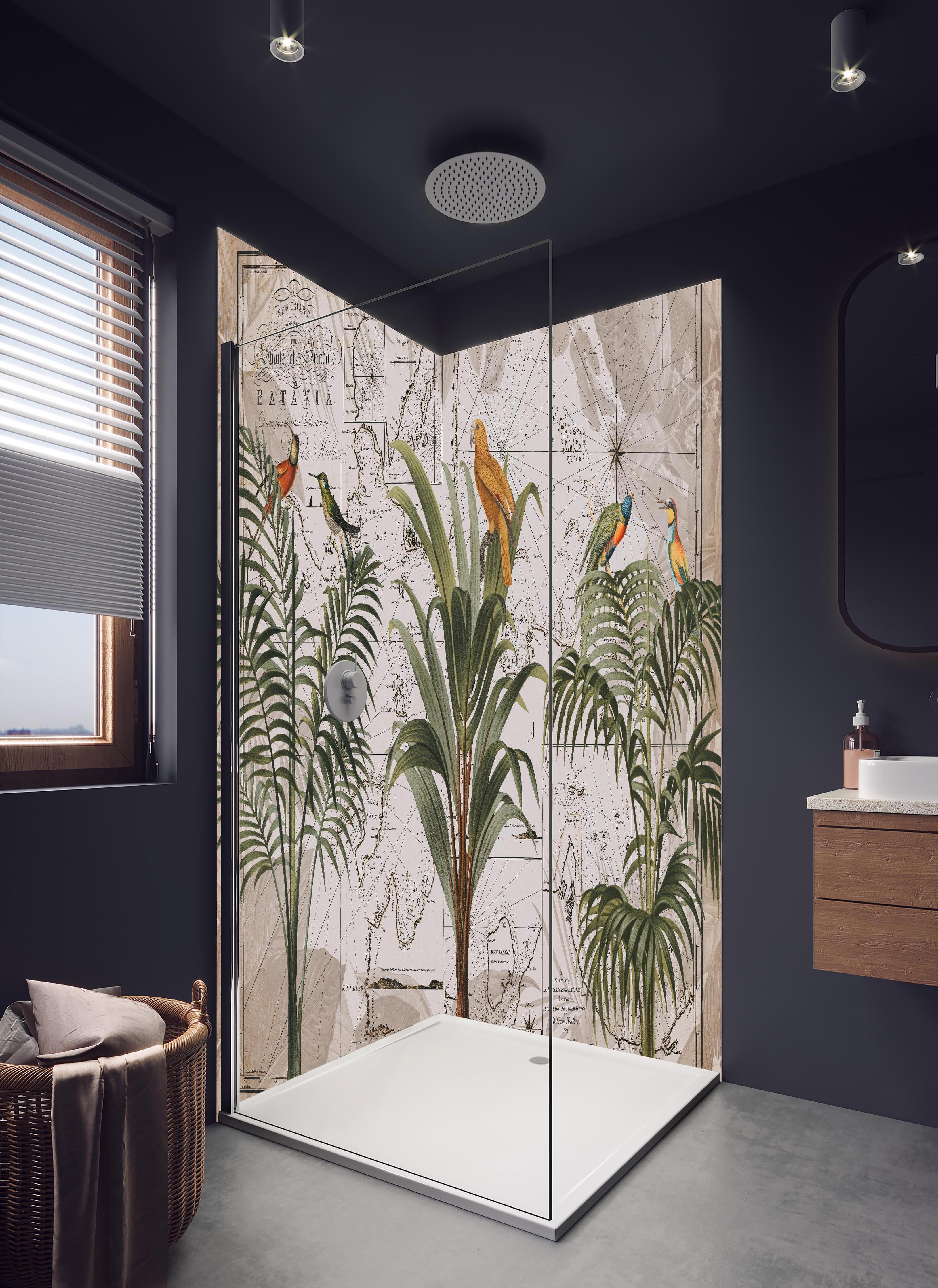 Duschrückwand - Weltkarte - Indonesien in hellem Badezimmer mit Regenduschkopf - zweiteilige Eck-Duschrückwand
