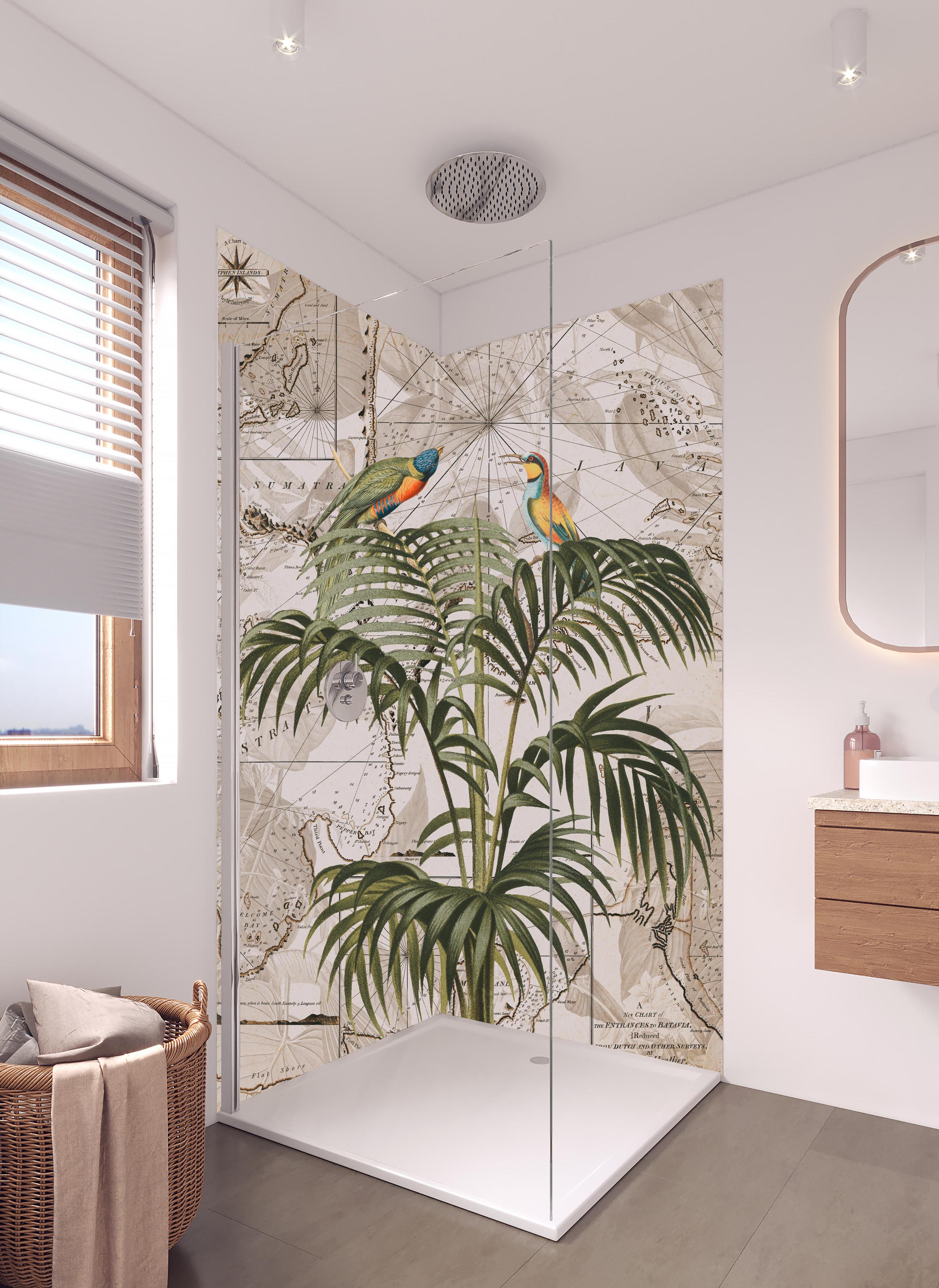 Duschrückwand - Weltkarte - Tropische Pflanze in hellem Badezimmer mit Regenduschkopf - zweiteilige Eck-Duschrückwand