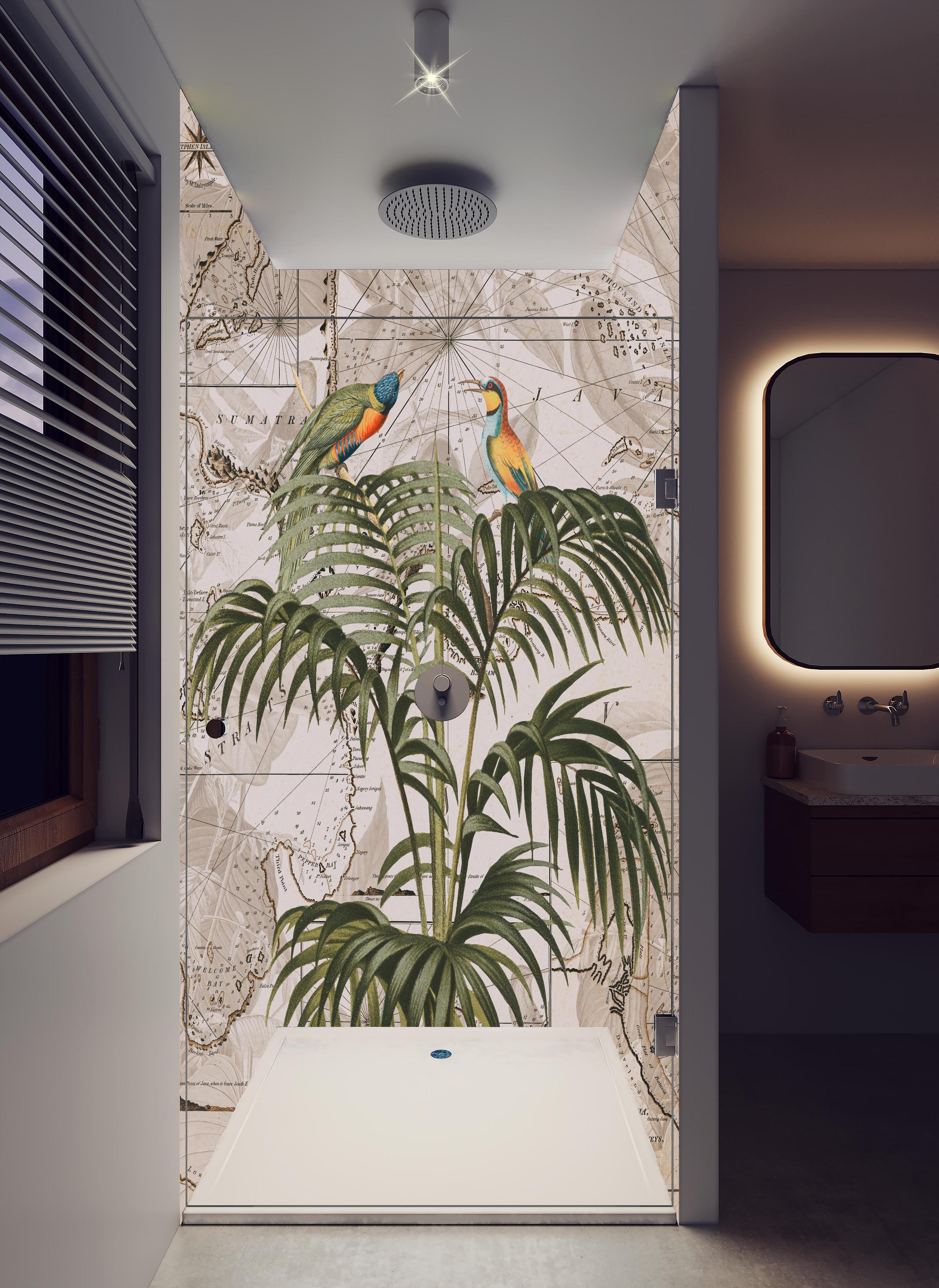 Duschrückwand - Weltkarte - Tropische Pflanze in hellem Badezimmer mit Regenduschkopf - zweiteilige Eck-Duschrückwand