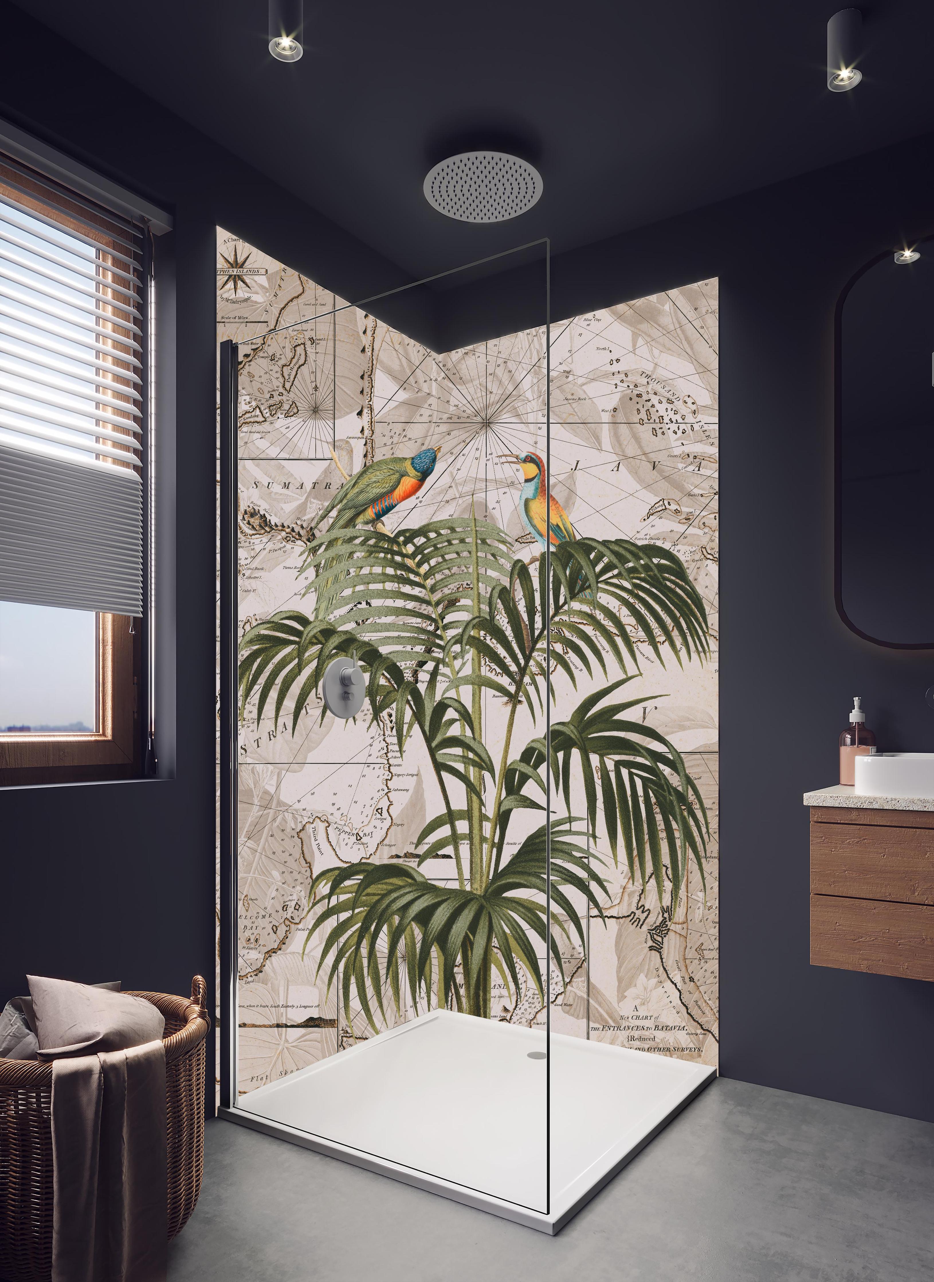 Duschrückwand - Weltkarte - Tropische Pflanze in hellem Badezimmer mit Regenduschkopf - zweiteilige Eck-Duschrückwand