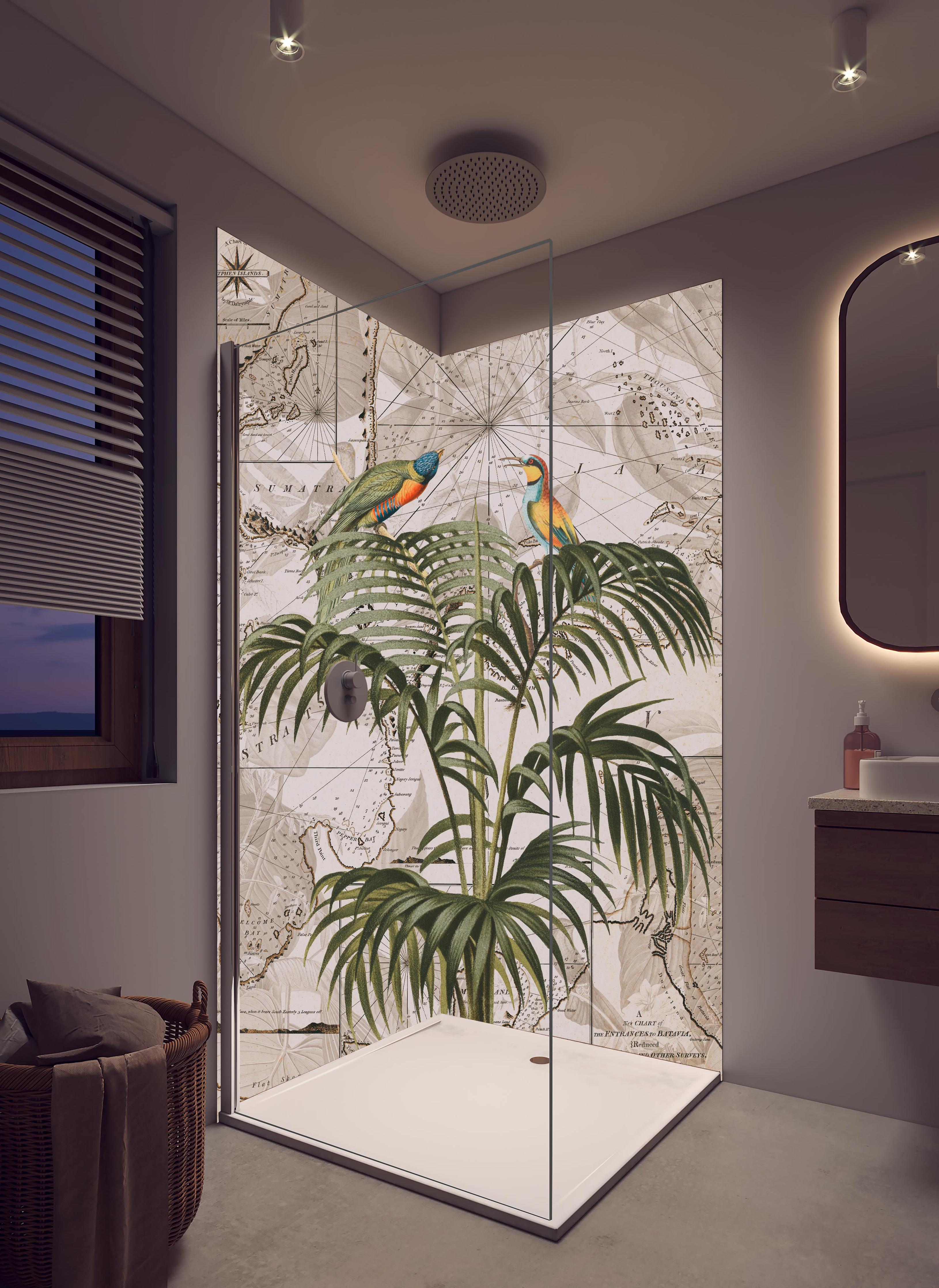 Duschrückwand - Weltkarte - Tropische Pflanze in hellem Badezimmer mit Regenduschkopf - zweiteilige Eck-Duschrückwand
