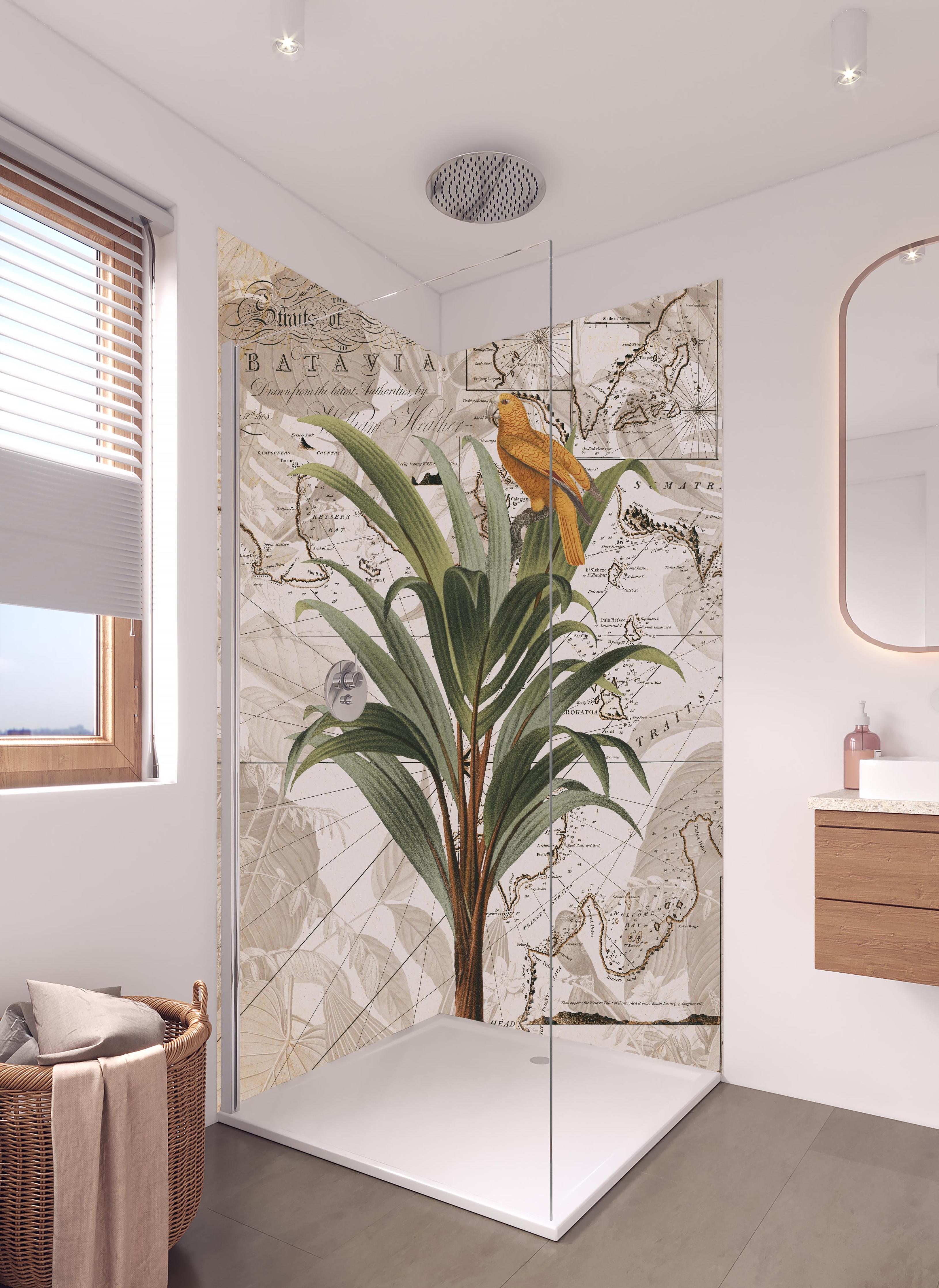 Duschrückwand - Weltkarte - tropische Pflanze in hellem Badezimmer mit Regenduschkopf - zweiteilige Eck-Duschrückwand