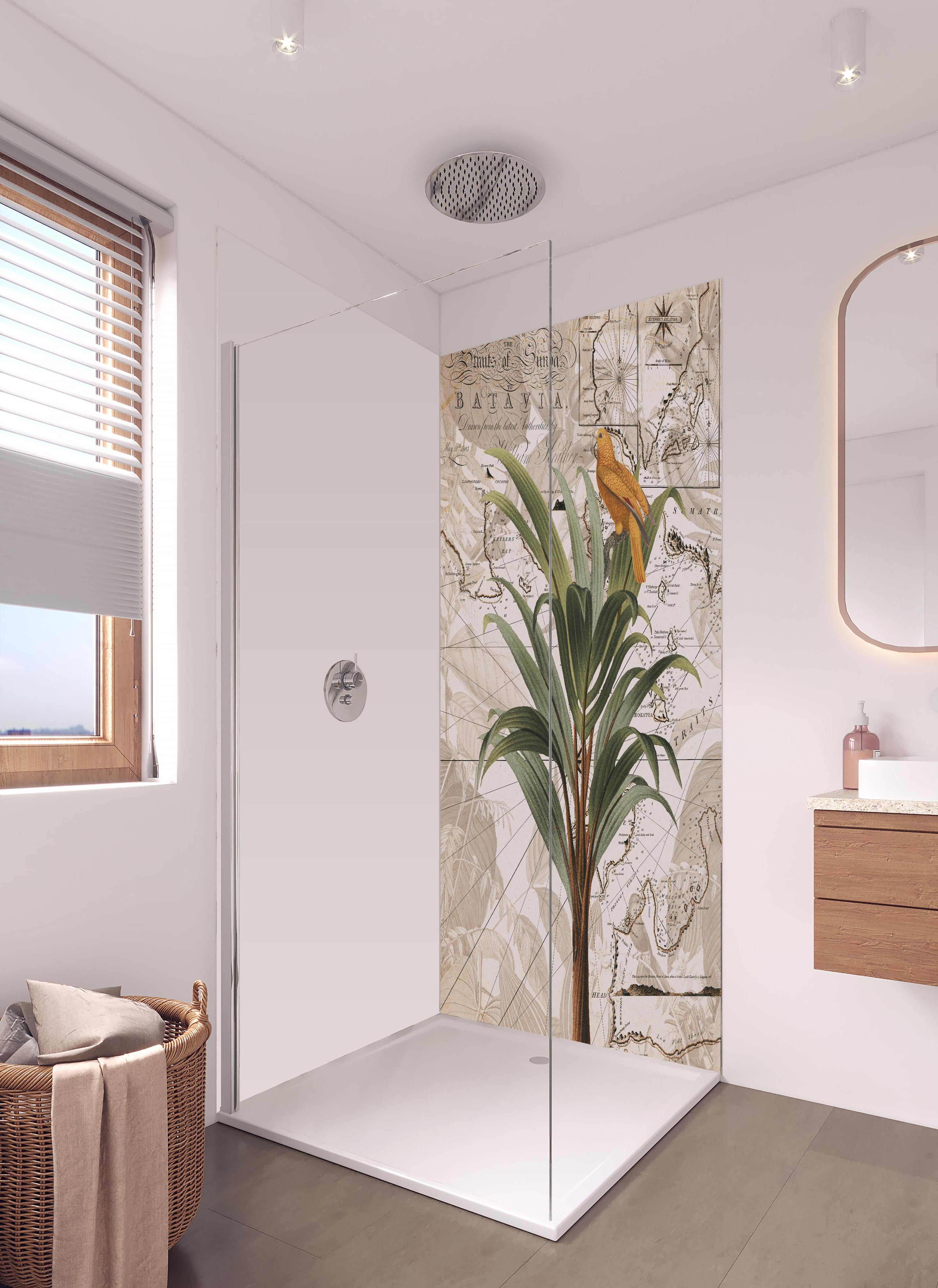 Duschrückwand - Weltkarte - tropische Pflanze in hellem Badezimmer mit Regenduschkopf - zweiteilige Eck-Duschrückwand