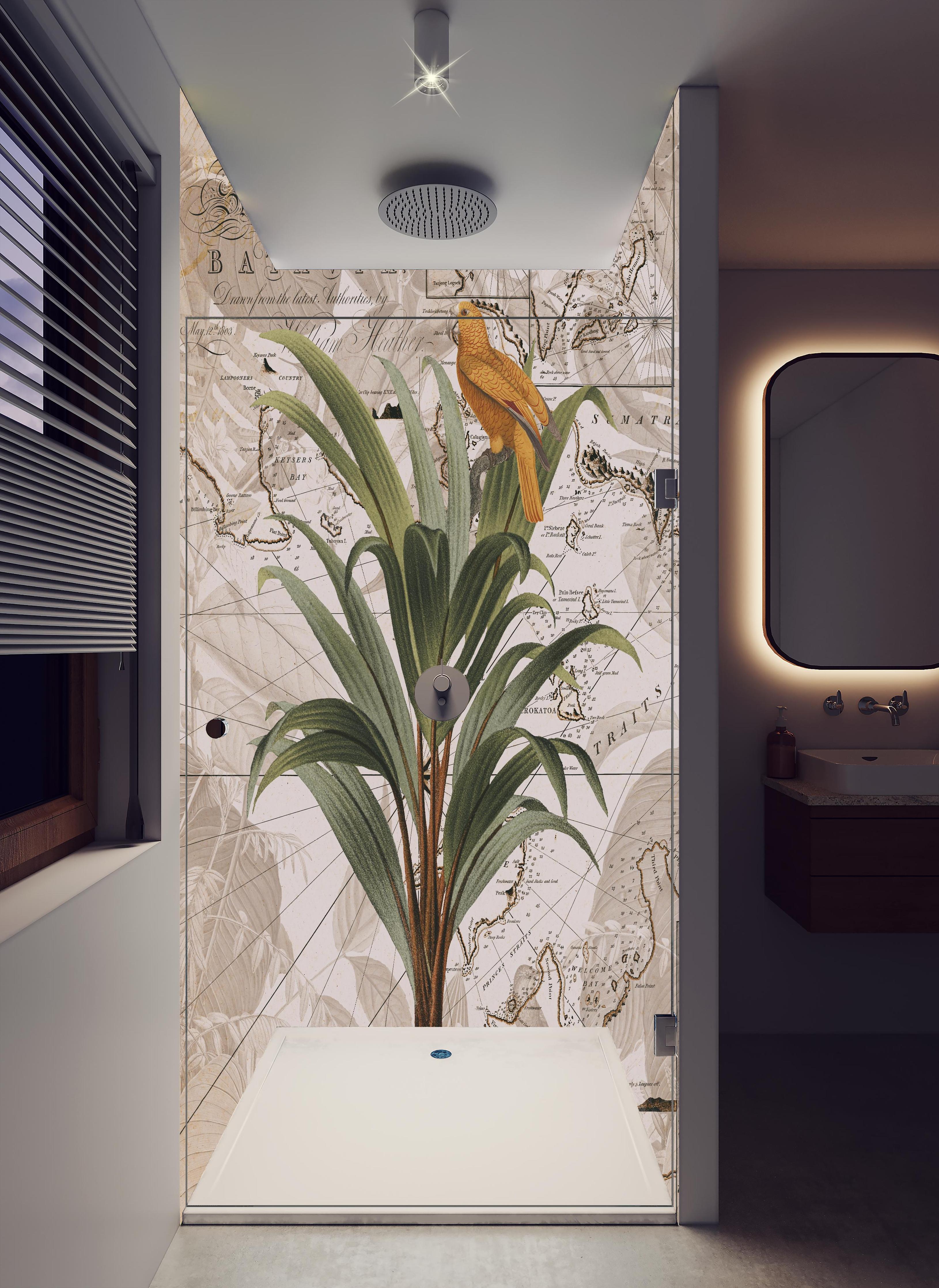 Duschrückwand - Weltkarte - tropische Pflanze in hellem Badezimmer mit Regenduschkopf - zweiteilige Eck-Duschrückwand