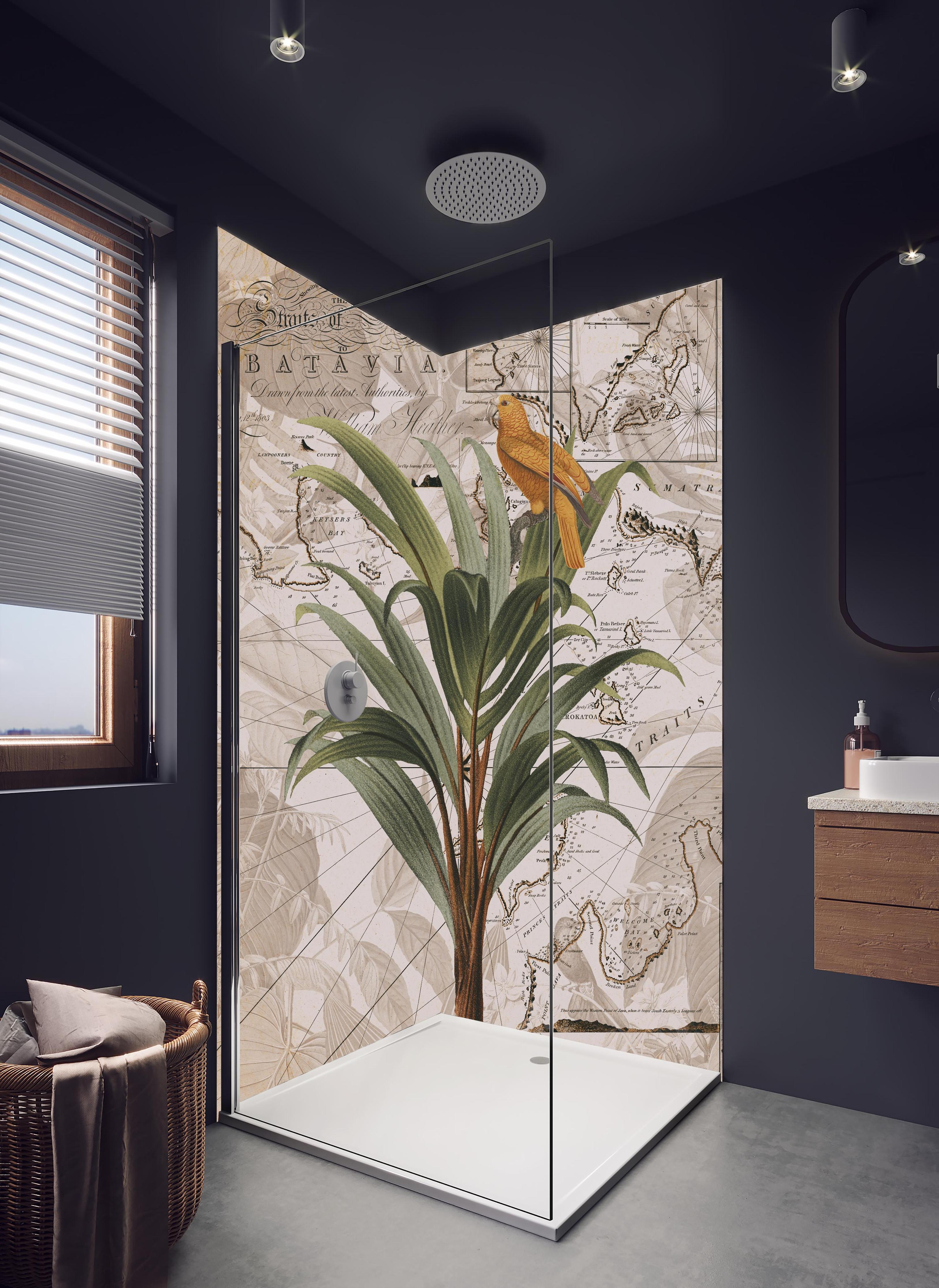 Duschrückwand - Weltkarte - tropische Pflanze in hellem Badezimmer mit Regenduschkopf - zweiteilige Eck-Duschrückwand