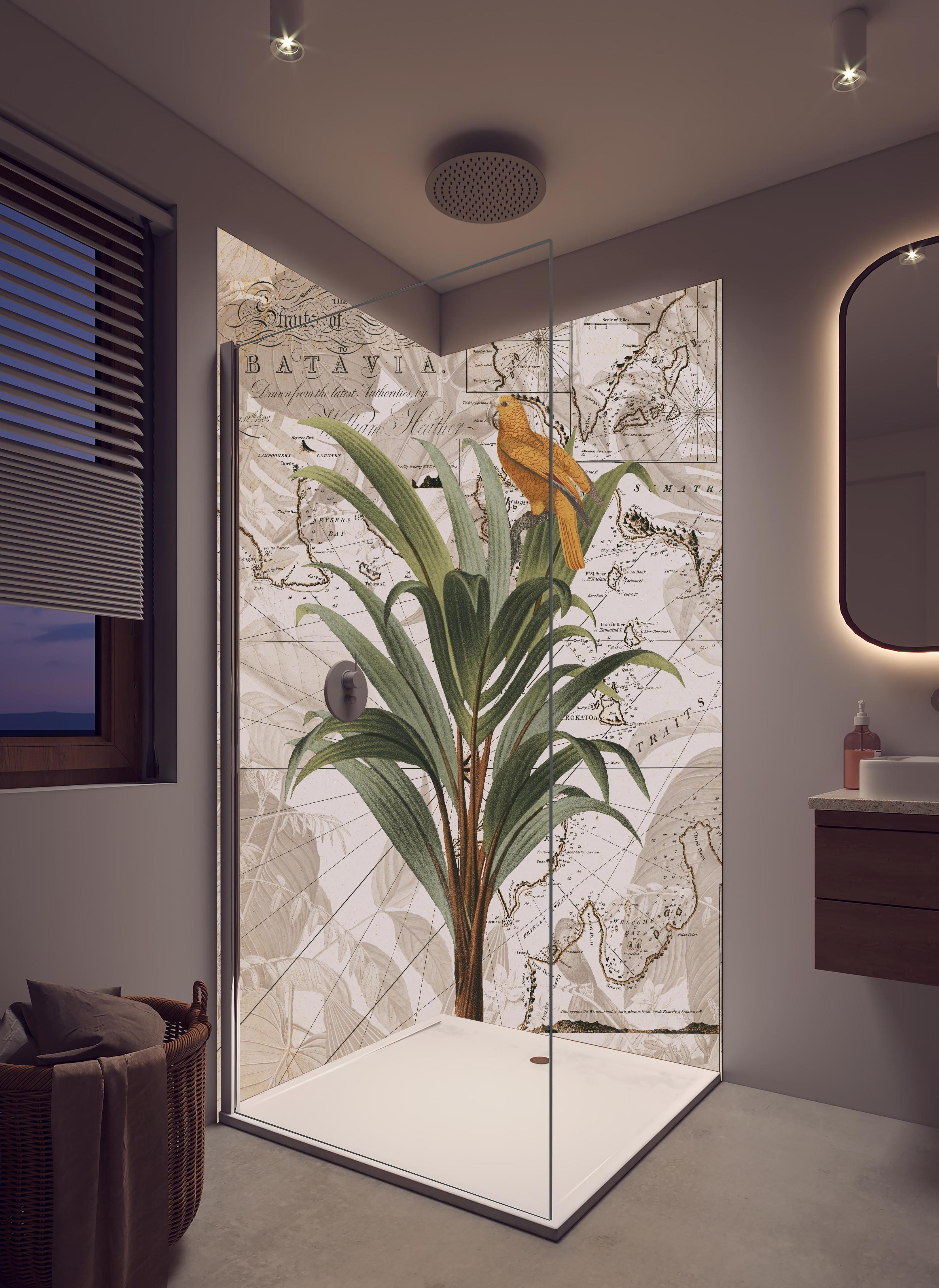 Duschrückwand - Weltkarte - tropische Pflanze in hellem Badezimmer mit Regenduschkopf - zweiteilige Eck-Duschrückwand