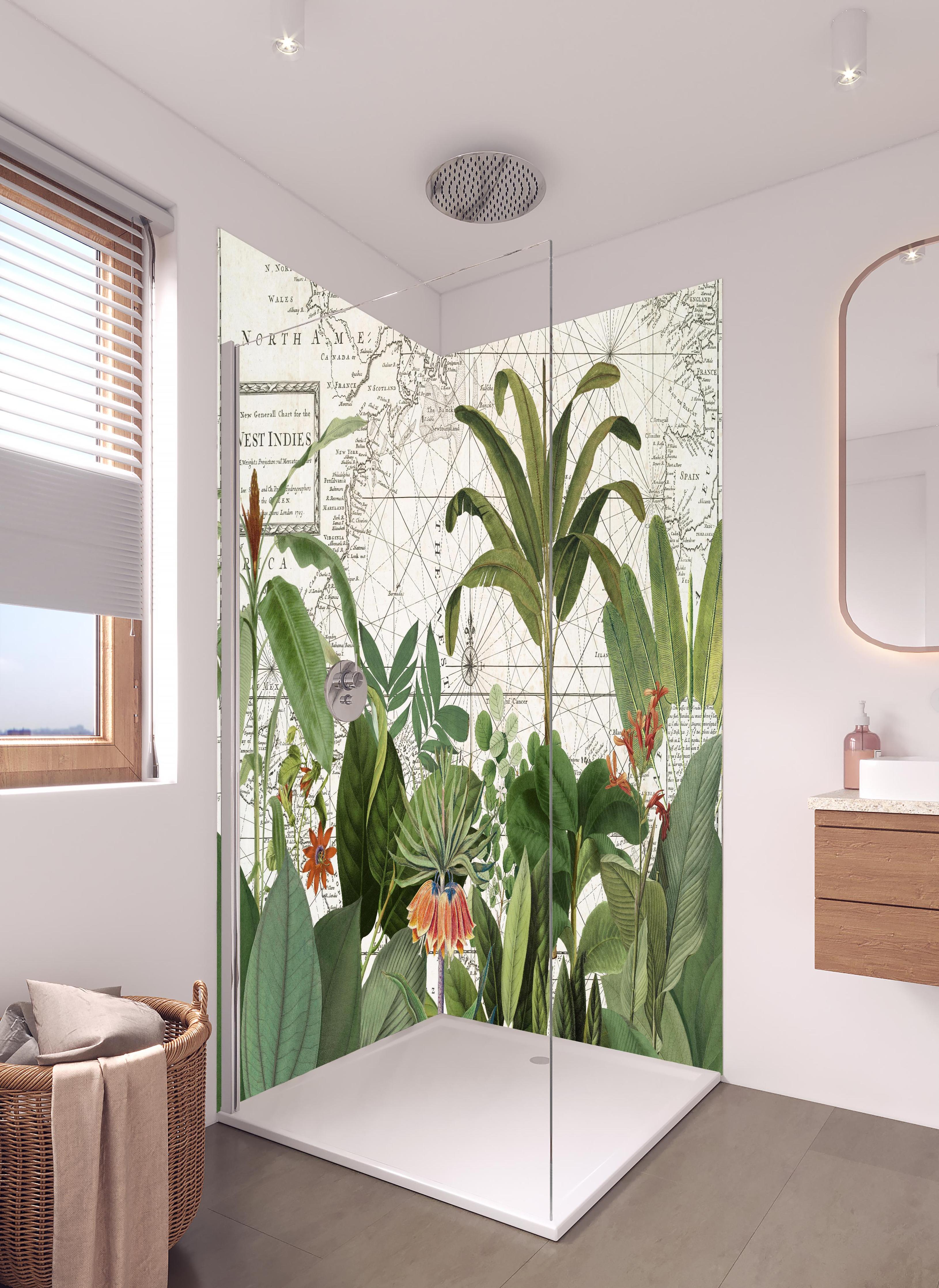 Duschrückwand - Weltkarte mit exotischen Pflanzen in hellem Badezimmer mit Regenduschkopf - zweiteilige Eck-Duschrückwand