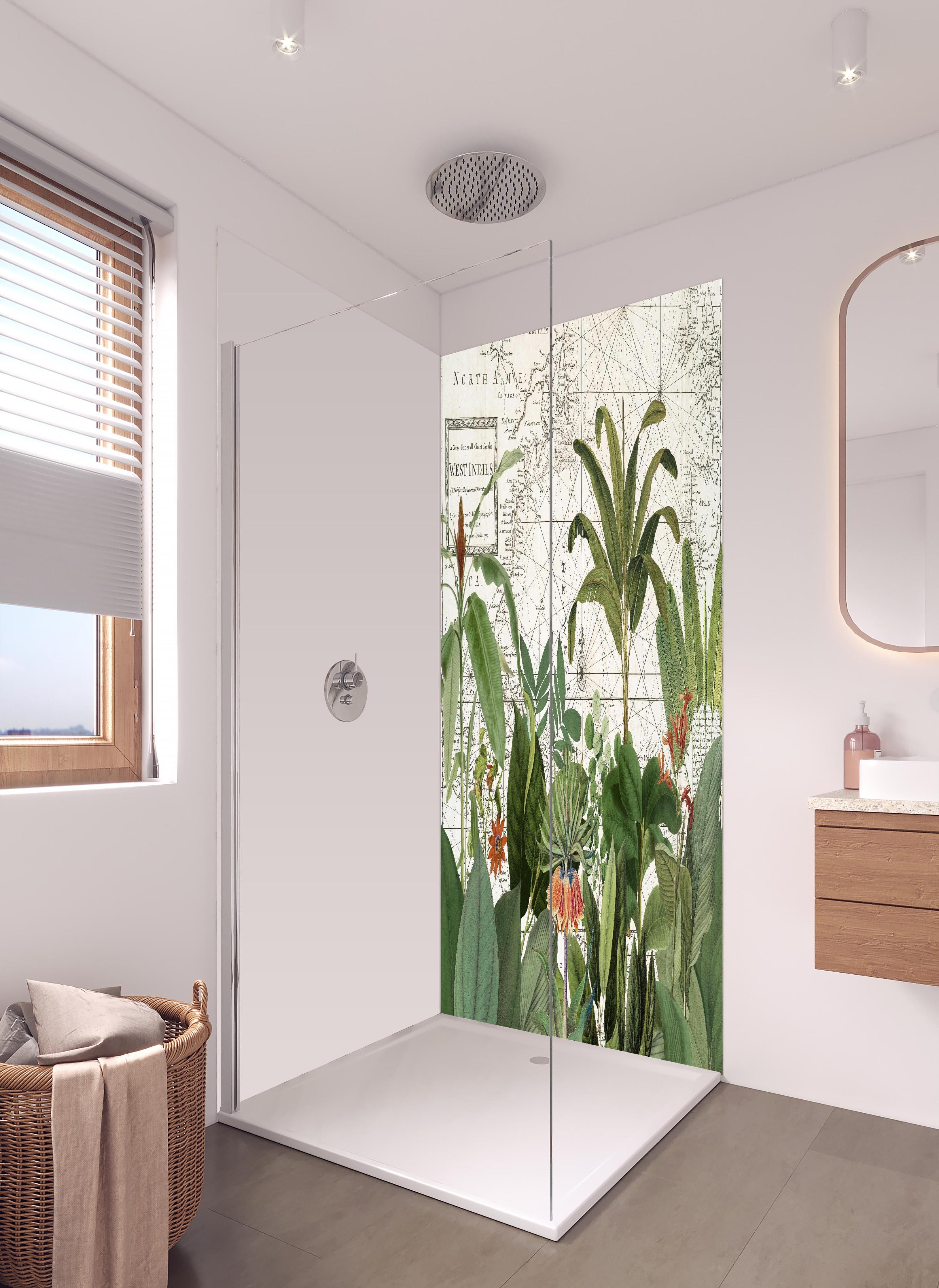 Duschrückwand - Weltkarte mit exotischen Pflanzen in hellem Badezimmer mit Regenduschkopf - zweiteilige Eck-Duschrückwand