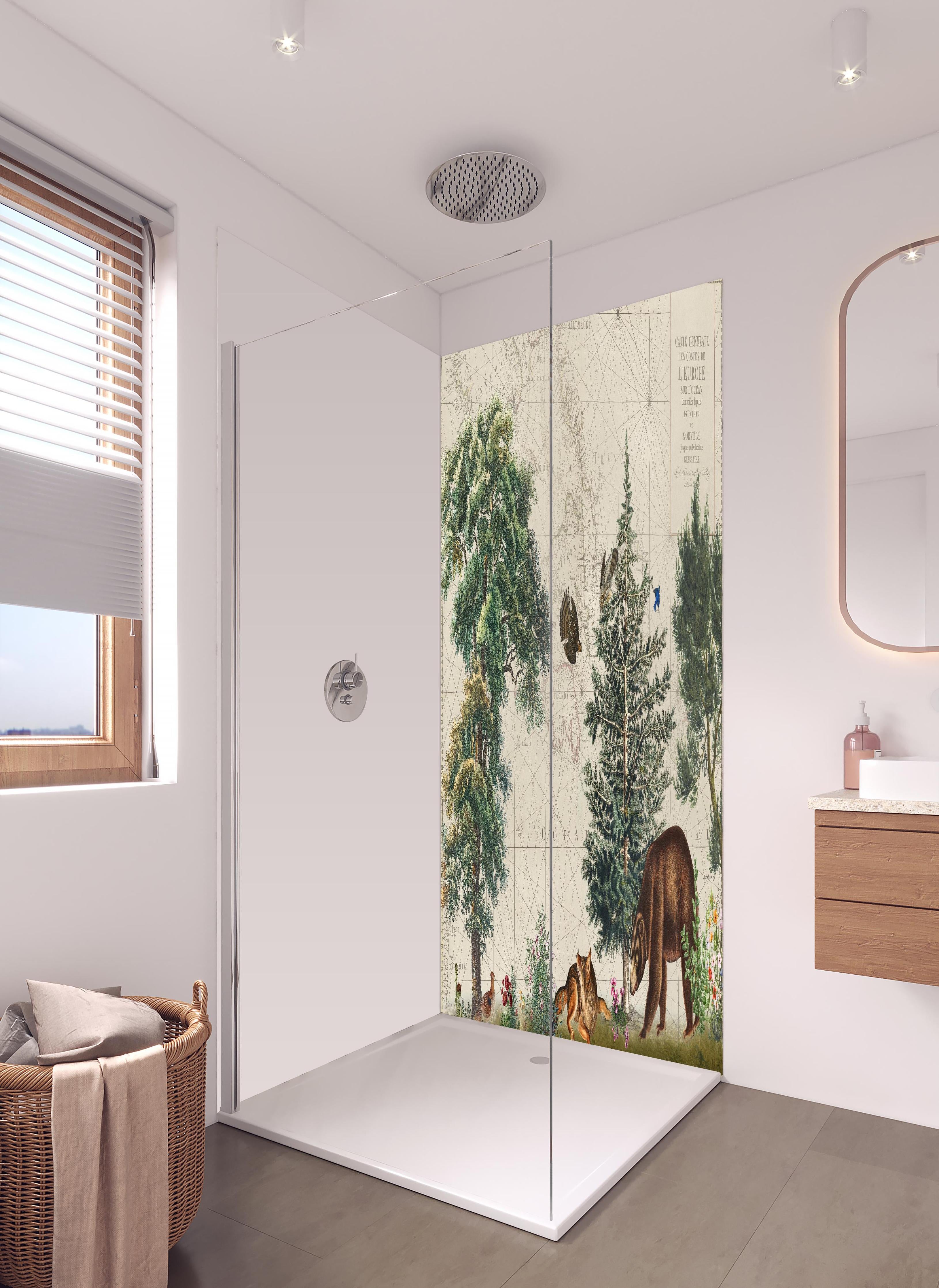 Duschrückwand - Weltkarte mit tropischem Wald in hellem Badezimmer mit Regenduschkopf - zweiteilige Eck-Duschrückwand