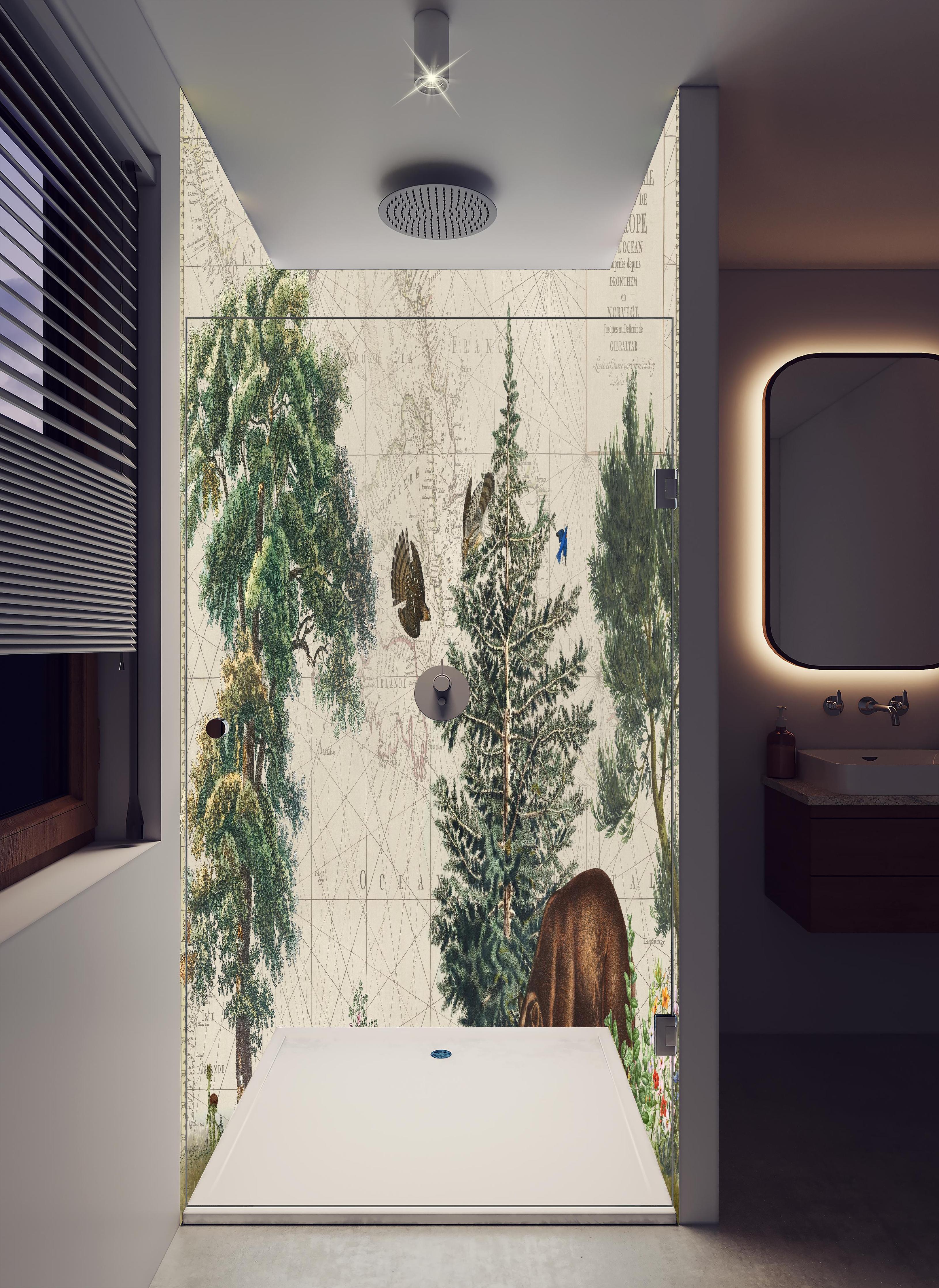Duschrückwand - Weltkarte mit tropischem Wald in hellem Badezimmer mit Regenduschkopf - zweiteilige Eck-Duschrückwand
