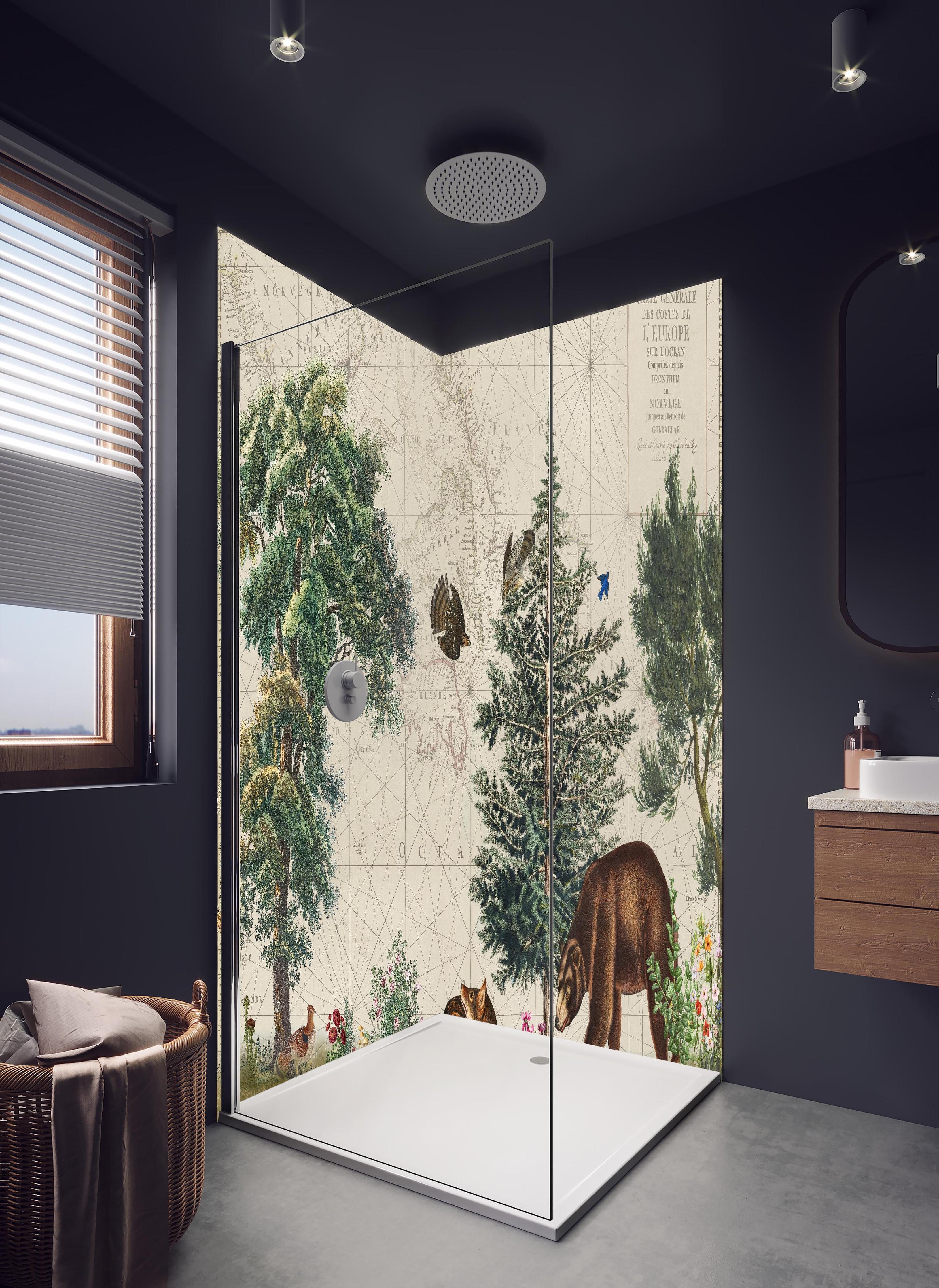 Duschrückwand - Weltkarte mit tropischem Wald in hellem Badezimmer mit Regenduschkopf - zweiteilige Eck-Duschrückwand